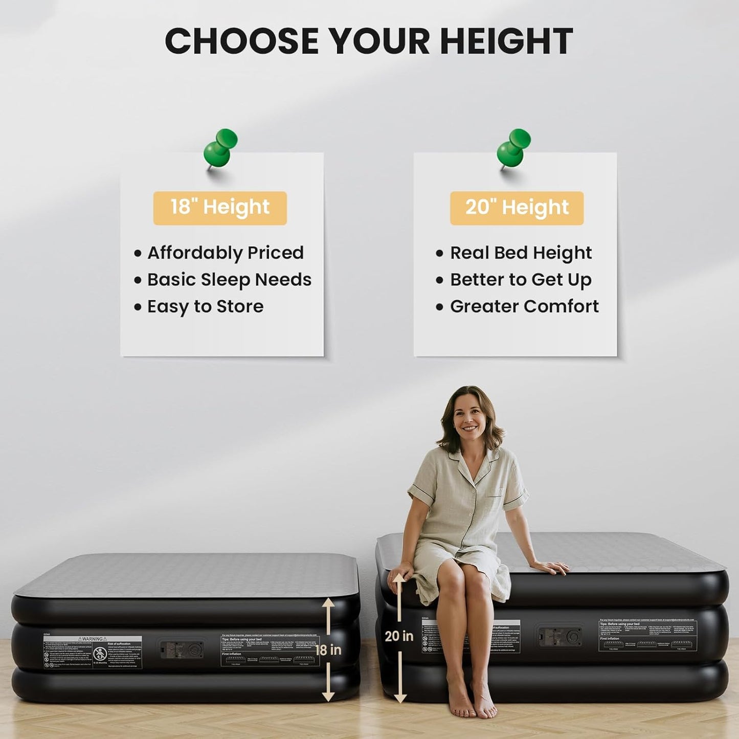 OhGeni 20" Luxury Queen Air Mattress with Built-in Pump & 20" Luxury Twin Inflatable Bed with Silk Foam Topper for Superior Comfort, Blow-Up Mattress for Home, Camping & Guests, Extra Support, Black