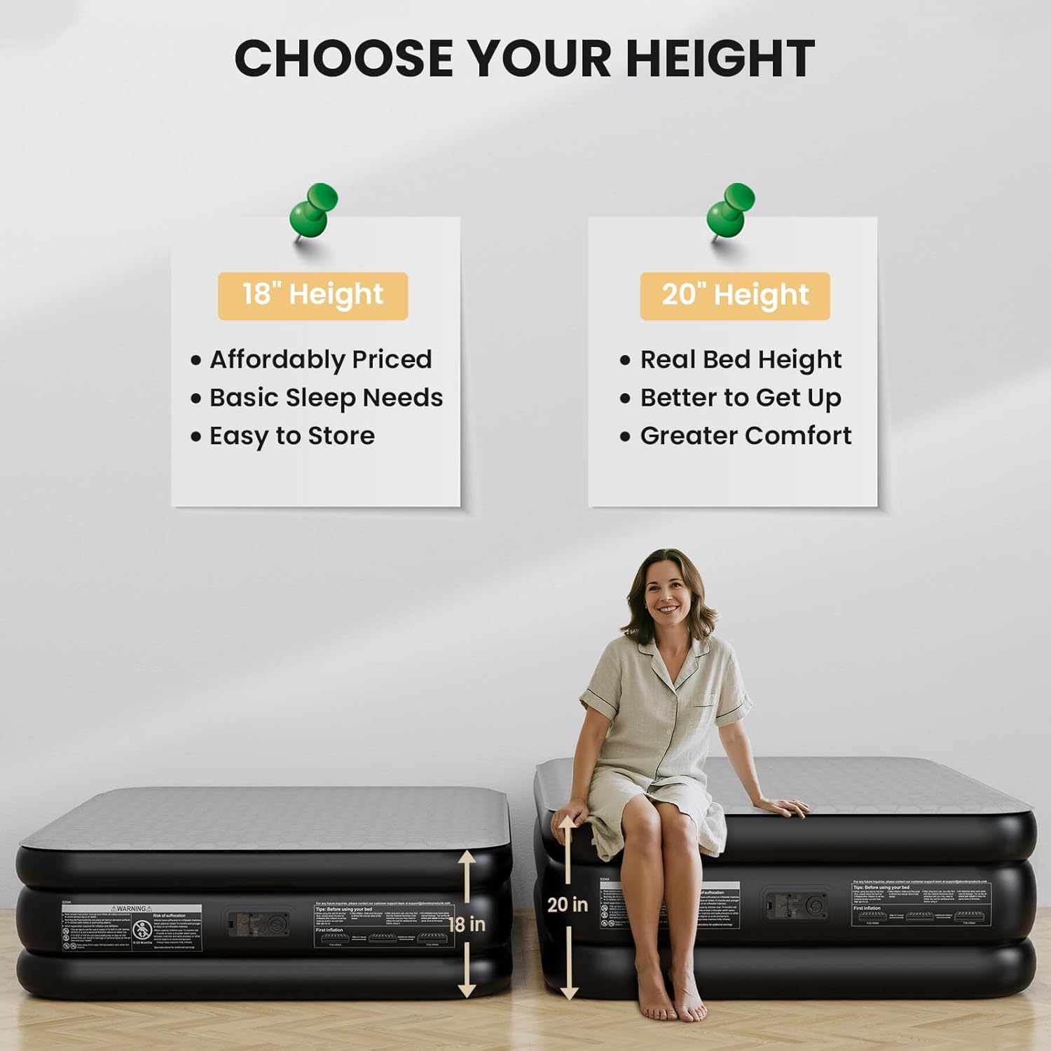 OhGeni 18" Luxury Queen Air Mattress with Built-in Pump & 20" Luxury Queen Inflatable Bed with Silk Foam Topper for Superior Comfort, Blow-Up Mattress for Home, Camping & Guests, Extra Support, Black