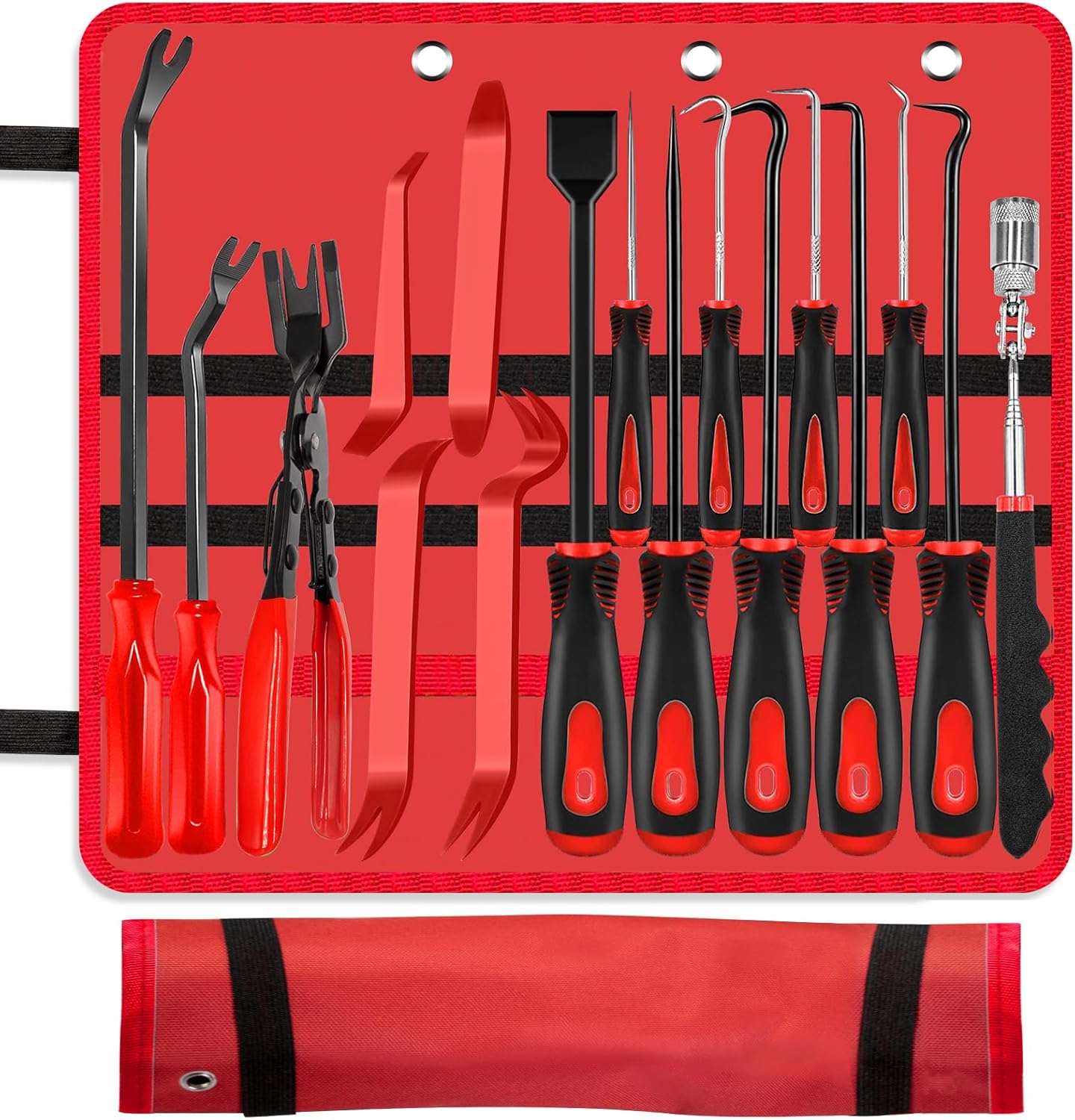 17 Pcs Pick and Hook Set with Trim Removal Tool, Clip Pliers, Fastener Remover,Scraper,and Magnetic Telescoping Tool Kit for Repair Automotive,Upholstery and Electronics Maintenance Pick Tools