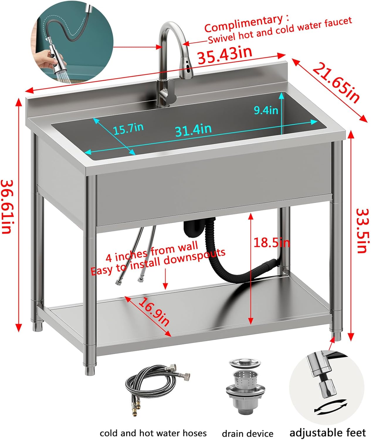 Stainless Steel Utility Sink, Large Freestanding Laundry Sink with Pull-out Faucet for Kitchen, Bathroom, Laundry Room, Garage, Outdoor/Indoor Use, Pet Cleaning, D21.65 x W35.43 x H36.61 inch