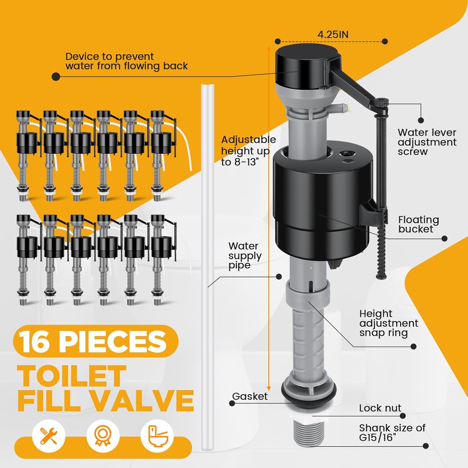 Lasnten 16 Pieces Toilet Fill Valve Toilet Tank Replacement Kit Valve Replacement Kit for Tank and Bowl Water Control