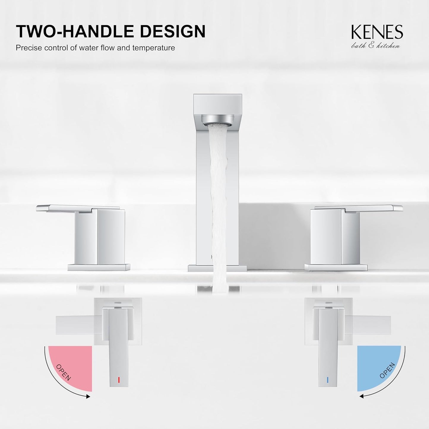 KENES Polished Chrome Widespread Bathroom Faucet 2 Handle Bathroom Sink Faucet 3 Hole, 8-Inch 3 Pieces Vanity Faucet with Pop Up Drain & Supply Lines, KE-9050-5-P