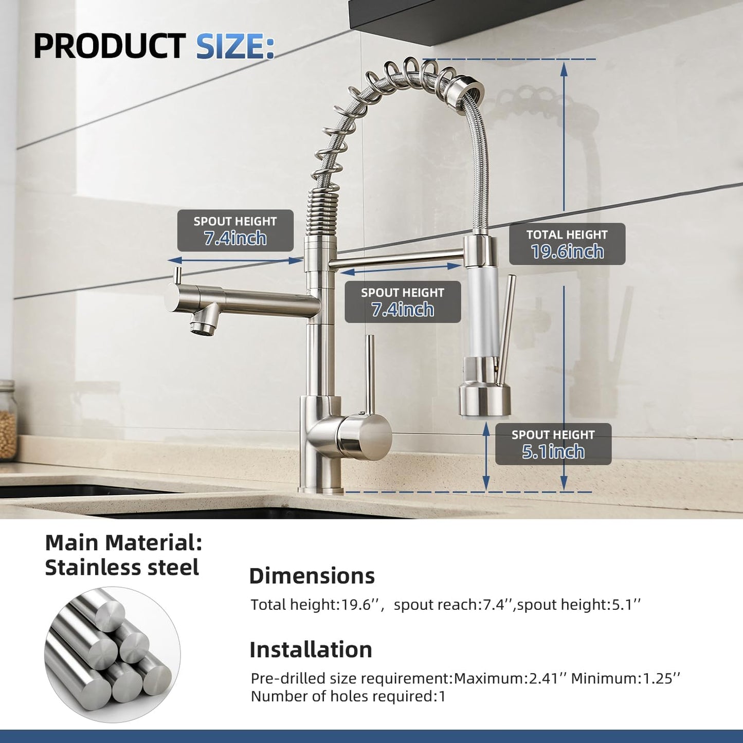 OWOFAN Kitchen Sink Faucet with Pull Down Sprayer, Contemporary Stainless Steel Single Handle Spring Kitchen Faucets Two Outlet with Deck Plate Brushed Nickel