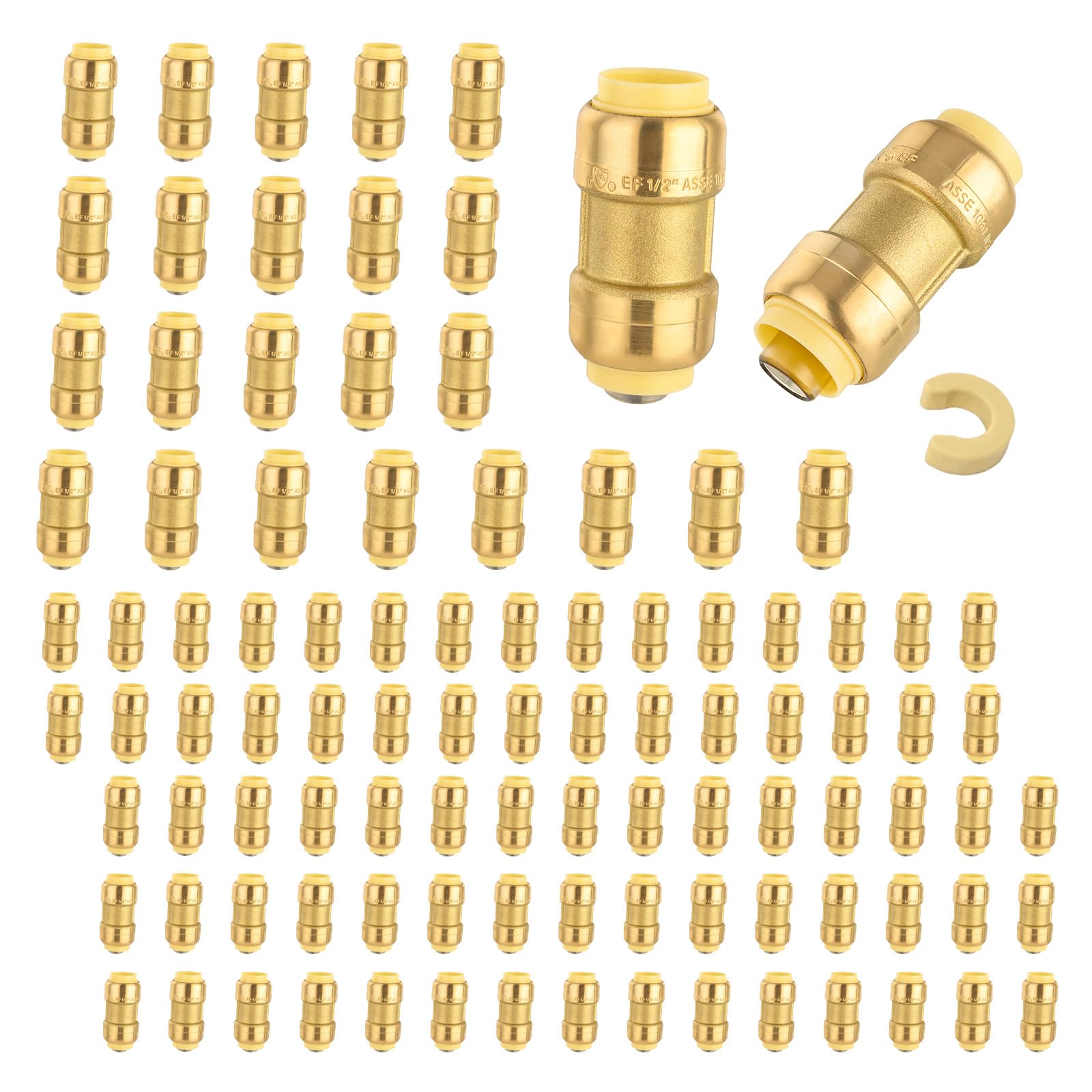5-Pack Niikappu Push Fit Fittings, 3/4" x 3/4" Brass Plumbing Fittings to Connect PEX, Copper, CPVC, Brass Straight Coupling With Disconnect Clip(PF008-5Pack)