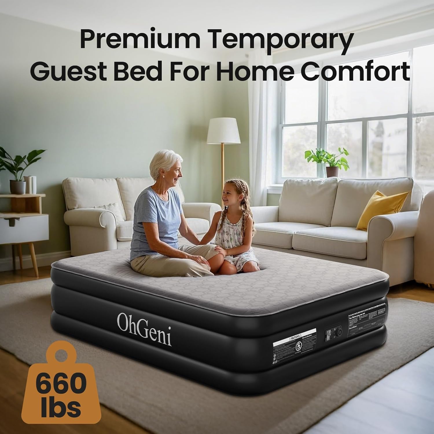OhGeni 20" Luxury Queen Air Mattress with Built-in Pump & 18" Luxury Full Inflatable Bed with Silk Foam Topper for Superior Comfort, Blow-Up Mattress for Home, Camping & Guests, Extra Support, Black