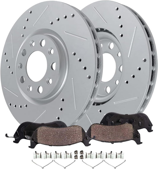 Detroit Axle - 4pc Front Brake Kit for 2016-2023 Jeep Cherokee, 2017 2018 2019 2020 2021 2022 Drilled and Slotted Disc Brake Rotors Ceramic Brakes Pads with Hardware Replacement : 12.99" inch Rotor