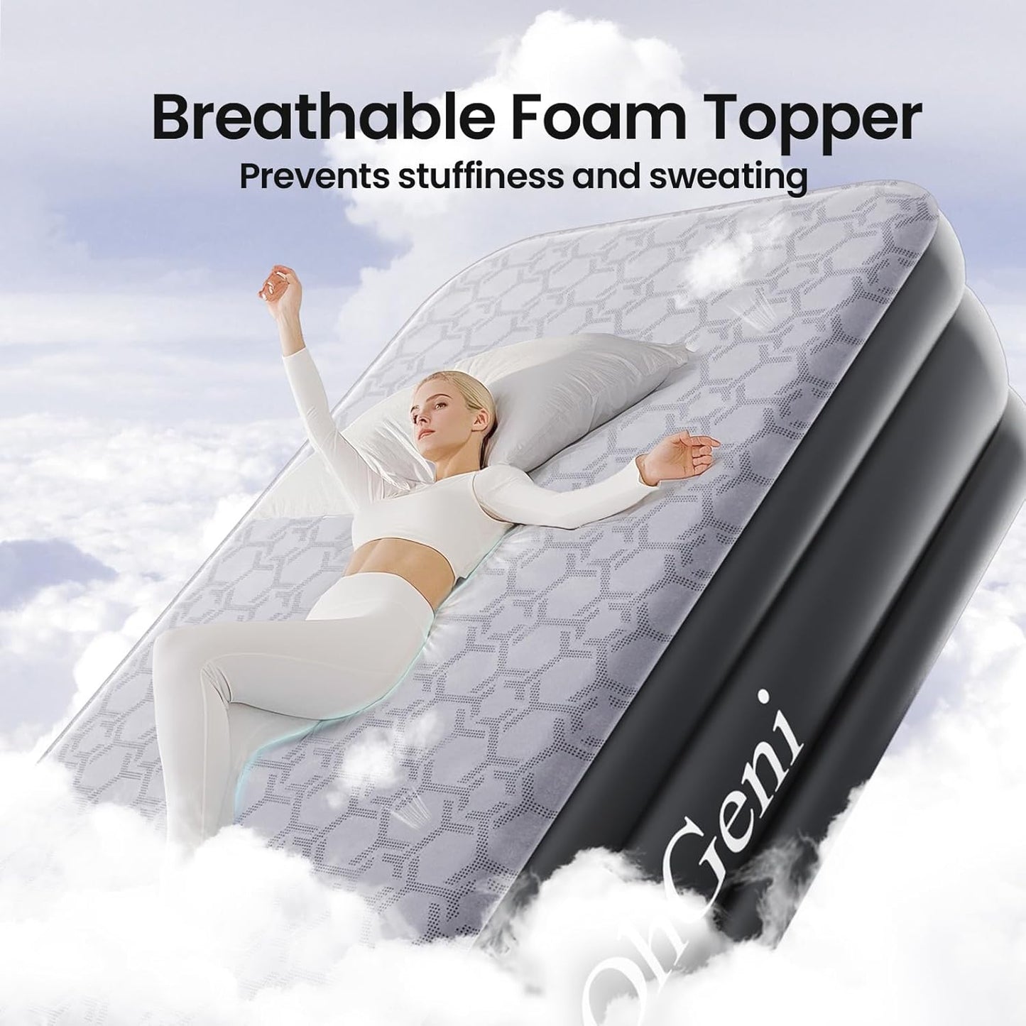 OhGeni 20" Luxury Queen Air Mattress with Built-in Pump & 18" Luxury Twin Inflatable Bed with Silk Foam Topper for Superior Comfort, Blow-Up Mattress for Home, Camping & Guests, Extra Support, Black