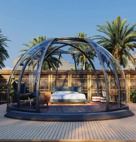 Modern Prefab Dome Home Luxury Outdoor Round Daybed with Arched Metal Canopy, Deck Lounge Furniture, Black Steel Frame, Resort Style Patio Seating