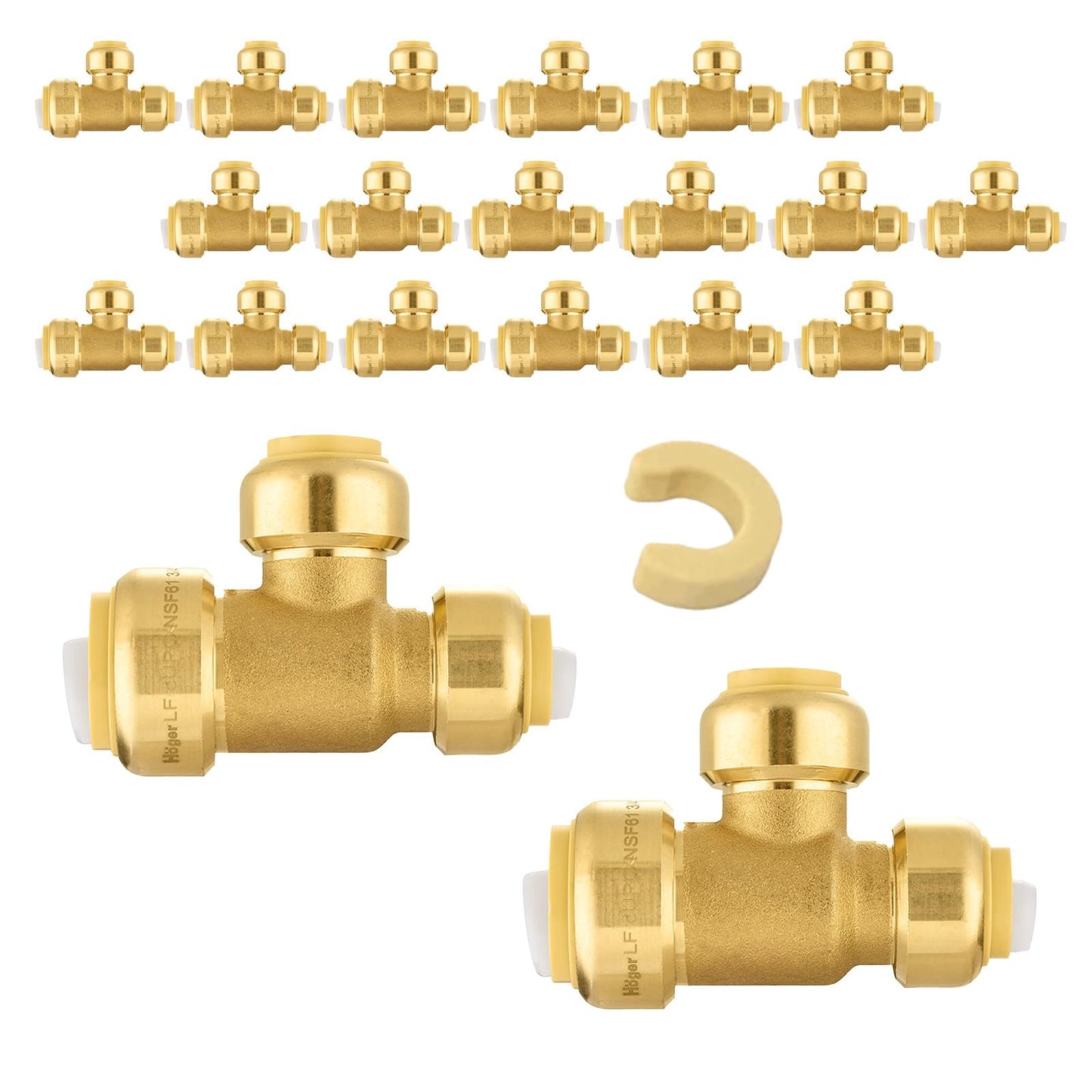 5-Pack Niikappu Pushfit Tee, 3/4"x3/4"x1/2" PEX Brass Push-fit Tee, Push to Connect Plumbing Fittings for PEX, Copper, CPVC, with Disconnect Clip(PF127-5)