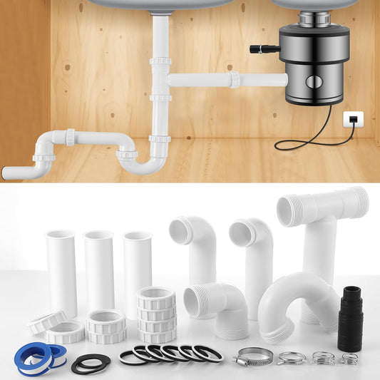 Saillong 27 Pcs Garbage Disposal Installation Kit Complete Kitchen Sink Drain Pipe Kit for Double Bowl Sink, 1-1/2" Plumbing, Simple Install, Leak Proof