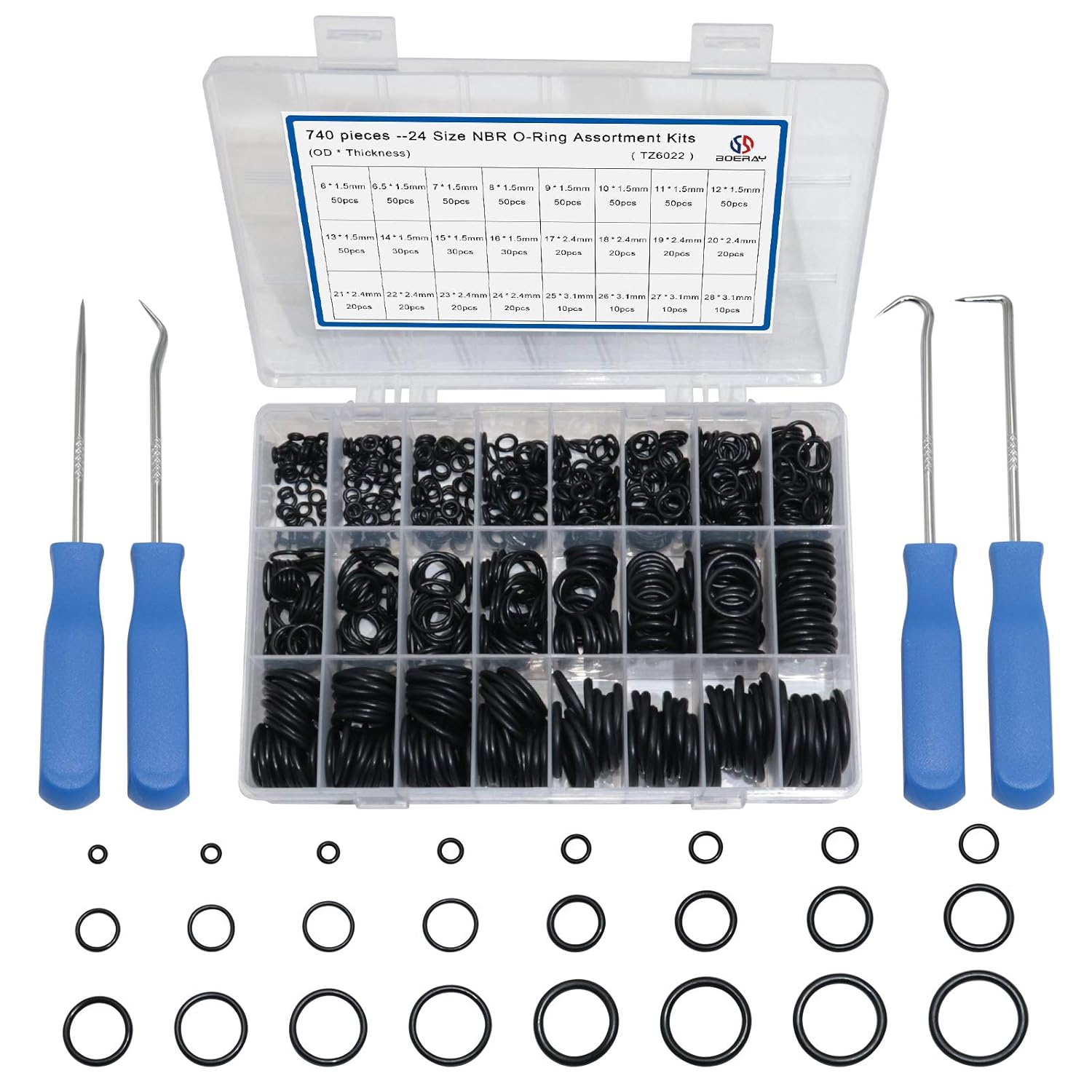 740pc Universal O Rings Assortment in 24 Sizes with 4pc Tools | Rubber O Rings Kit for Faucet Plumbing Automotive Repair | Nitrile Rubber Oring Kit