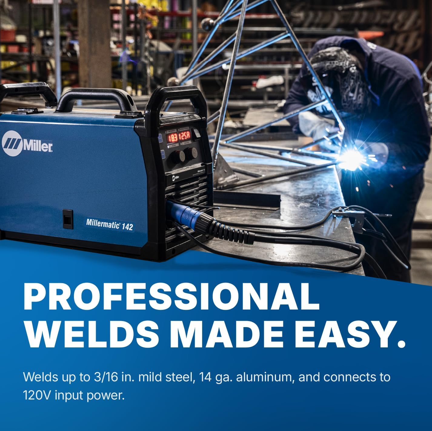 Millermatic® 142 MIG Welder – 120V, Portable Wire Feed Welder with Auto-Set™, Welds Up to 3/16" Steel, Ideal for Auto Repair & Light Fabrication