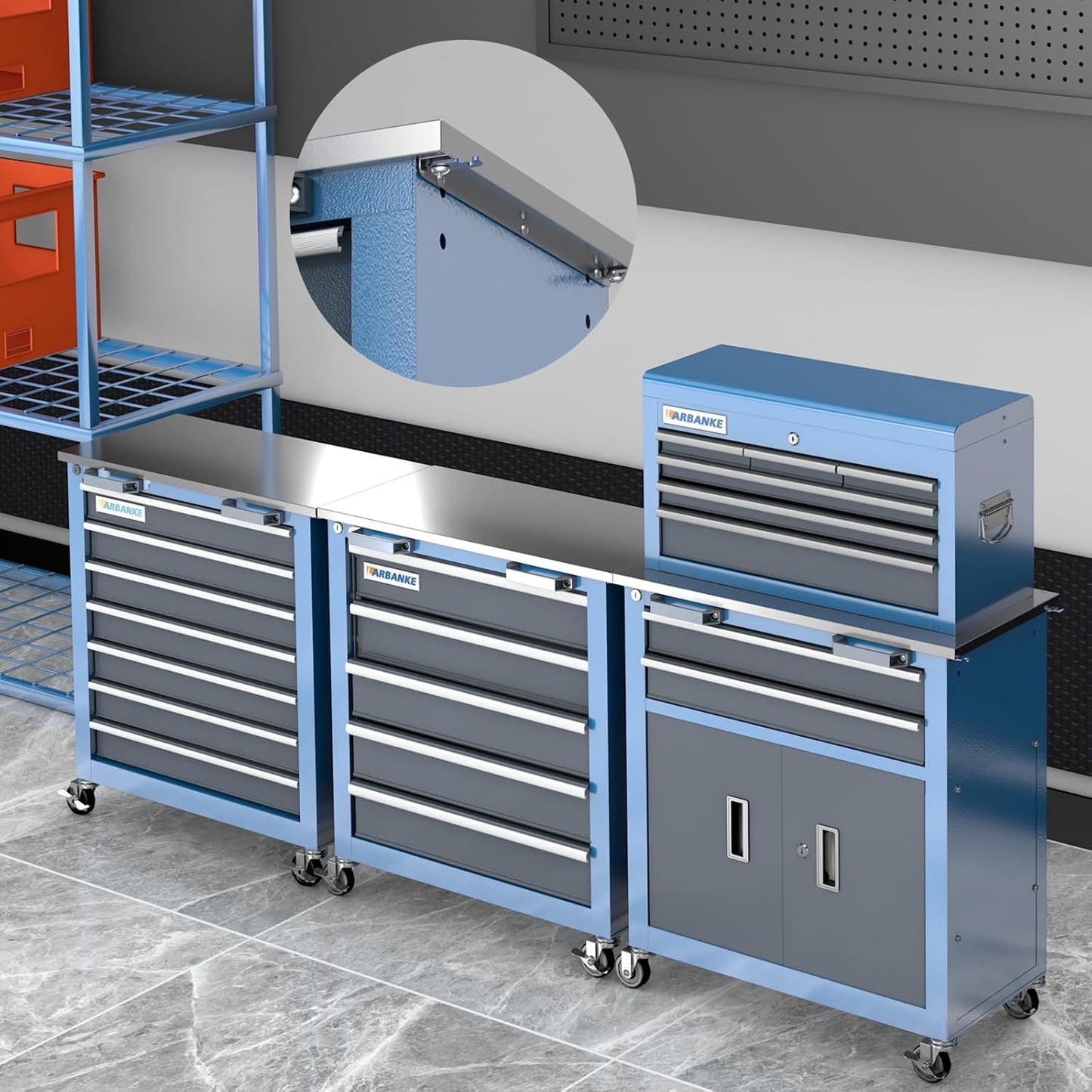 LARBANKE 3 Different Types Tool Chest Combination,Rolling Tool Chest with Stainless Countertop,Tool Cabinet with Connection Buckle,Wheels and Foot Pads,Portable Tool Box Inside