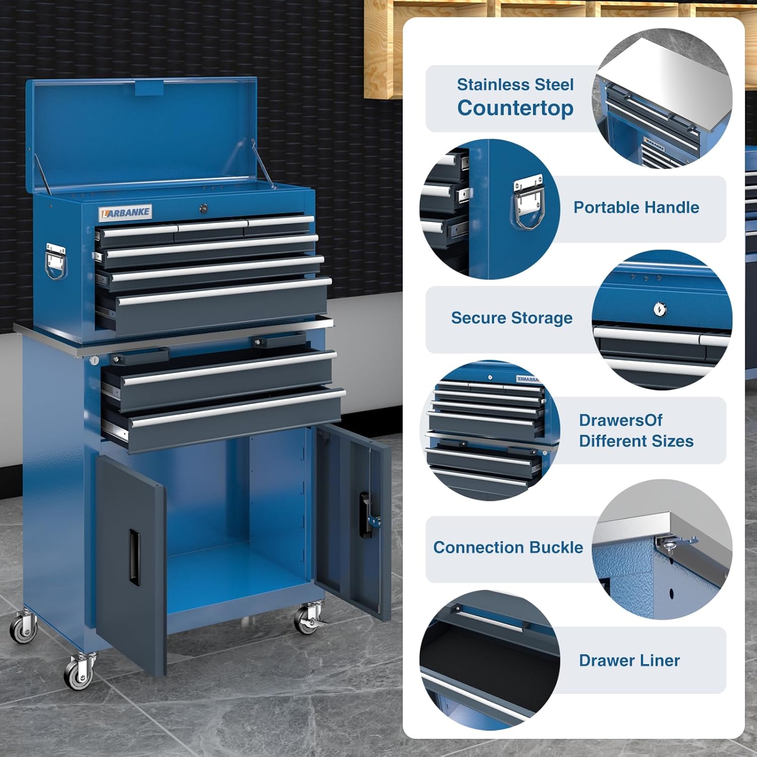 LARBANKE 3 Different Types Tool Chest Combination,Rolling Tool Chest with Stainless Countertop,Tool Cabinet with Connection Buckle,Wheels and Foot Pads,Portable Tool Box Inside