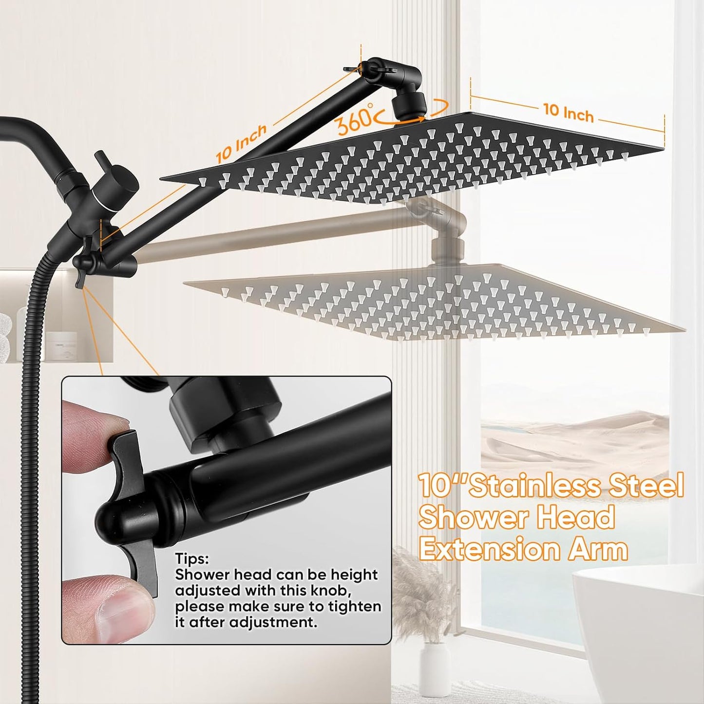 Shower Head Black 10 Inch High Pressure Rain Shower Head with Handheld Spray Combo Adjustable Dual Rainfall Shower Head - Showerhead Comb Set with Extension Arm - 60 Inch Long Shower Hose