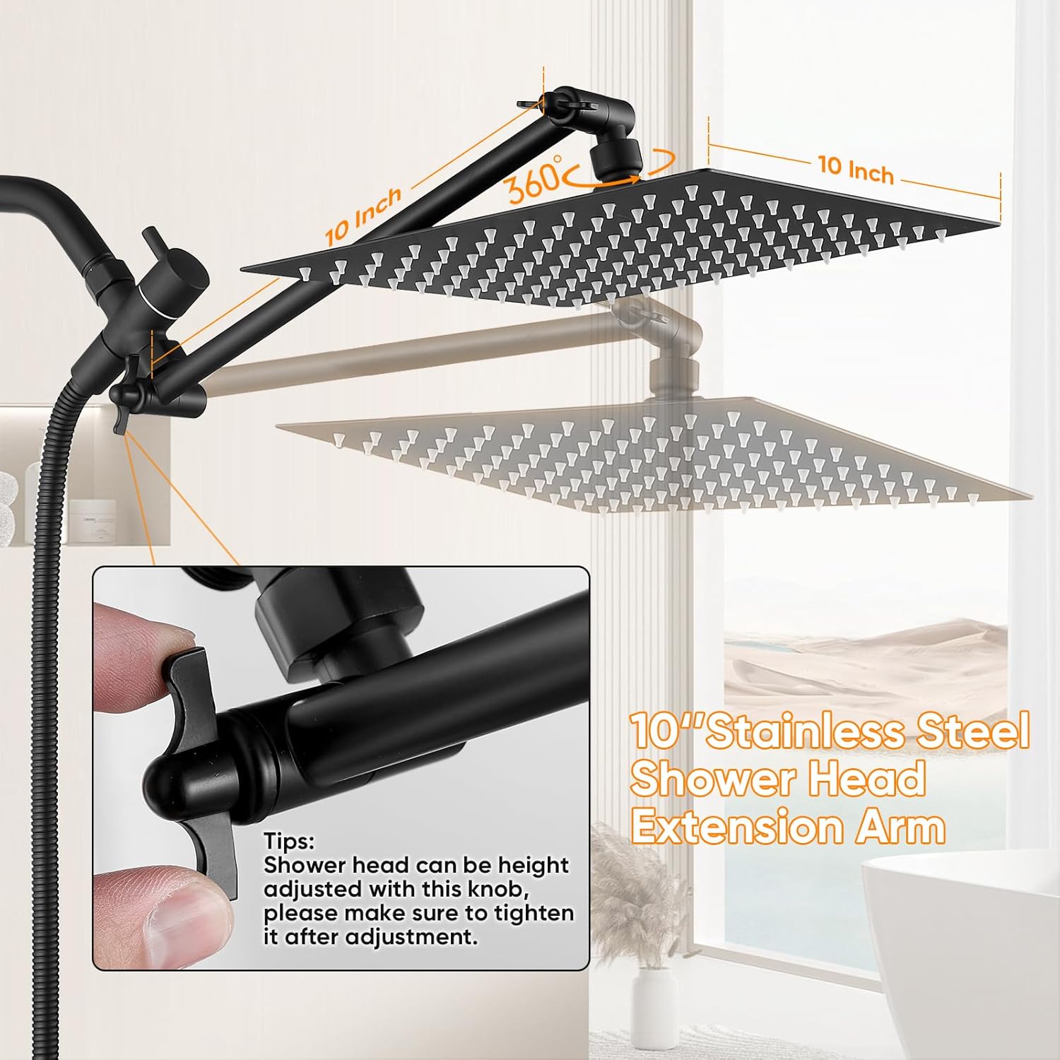 Shower Head Black 10 Inch High Pressure Rain Shower Head with Handheld Spray Combo Adjustable Dual Rainfall Shower Head - Showerhead Comb Set with Extension Arm - 60 Inch Long Shower Hose