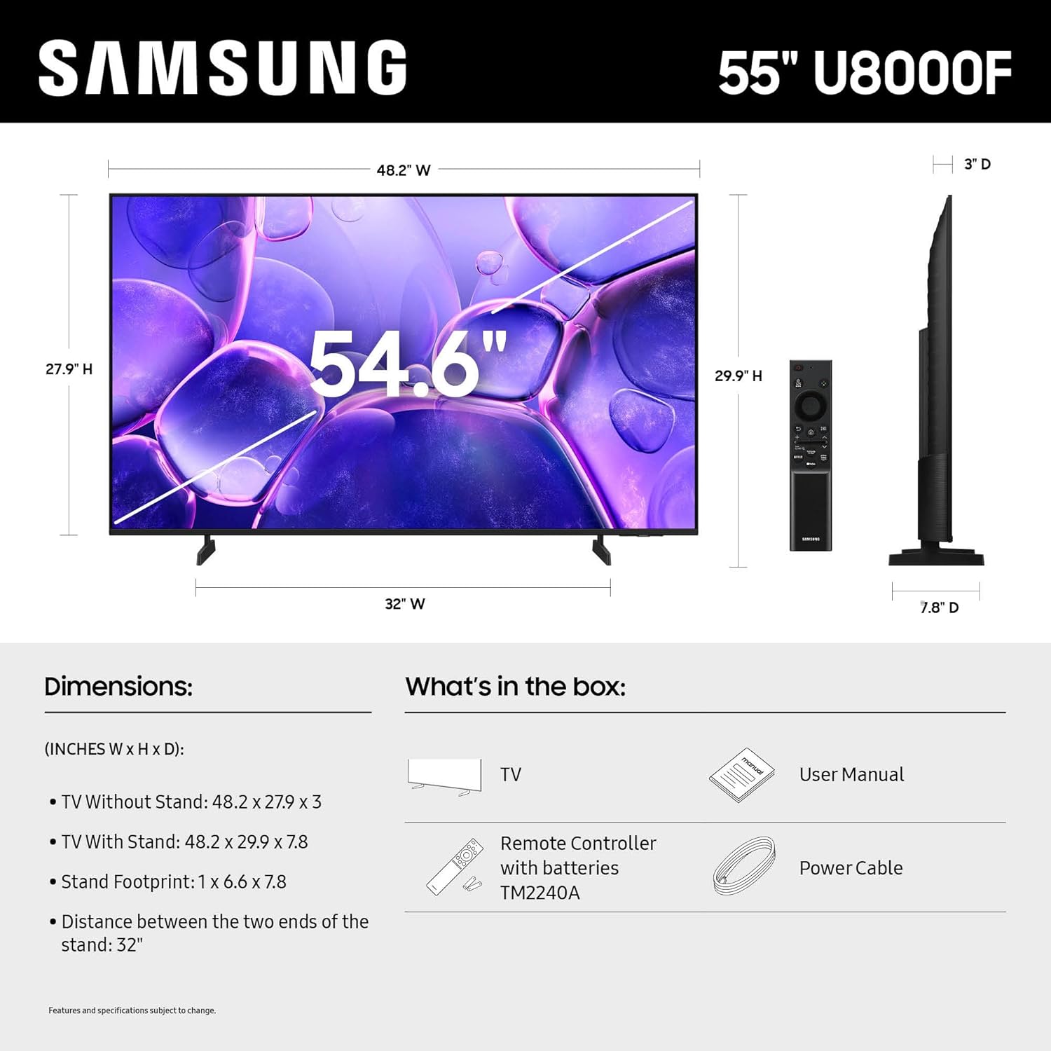 Samsung 55-Inch Class Crystal UHD U8000F 4K Smart TV (2025 Model) Endless Free Content, Crystal Processor 4K, MetalStream Design, Knox Security, Compatible with Alexa