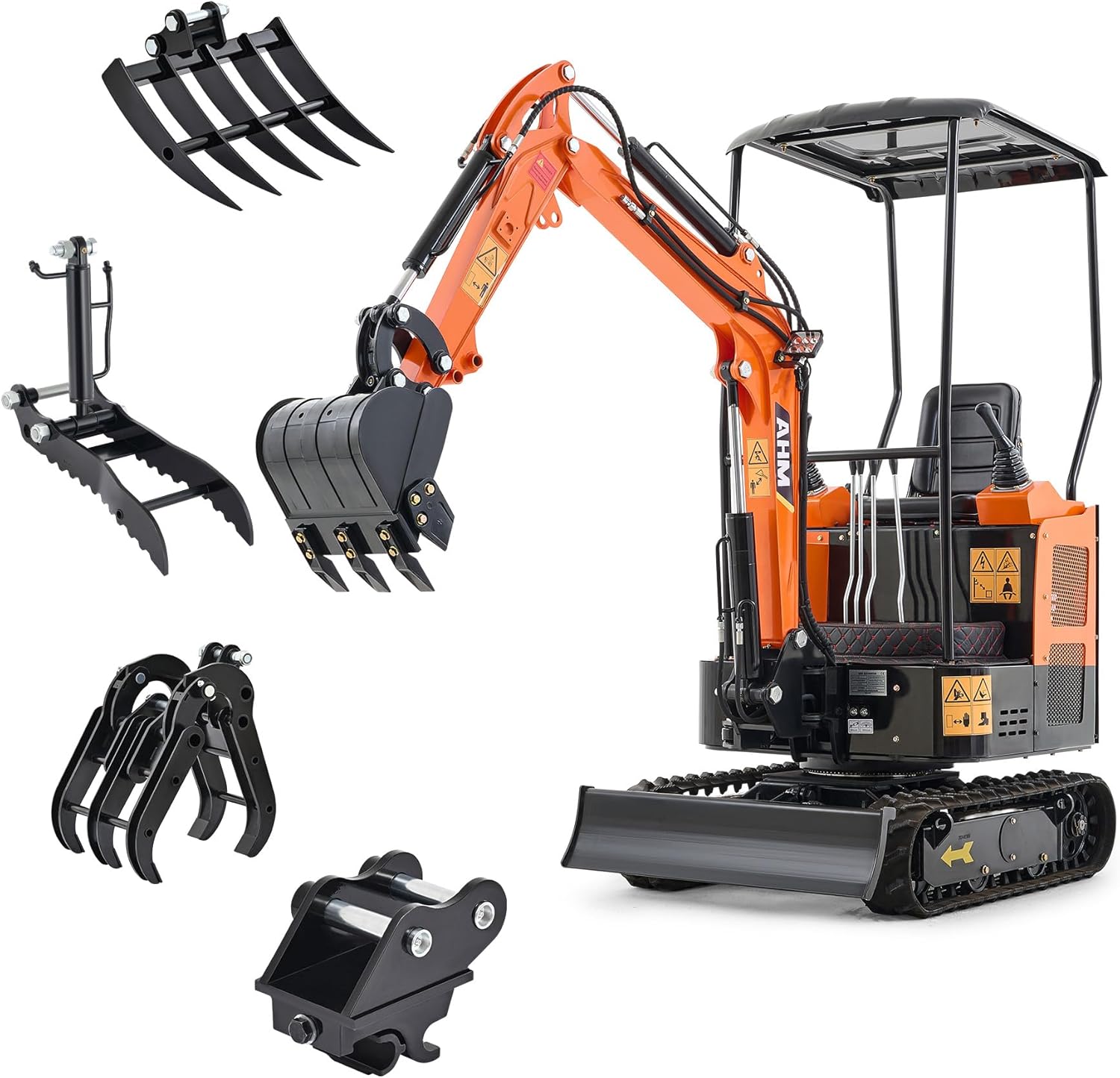 AHM 23hp Mini Excavator with Hydraulic Thumb Rake Grapple Quick Hitch, 1 Ton Crawler Excavator with Swing Boom & All-Terrain Tracks, Trench Digger for Garden Farm Construction Site Trenching Digging