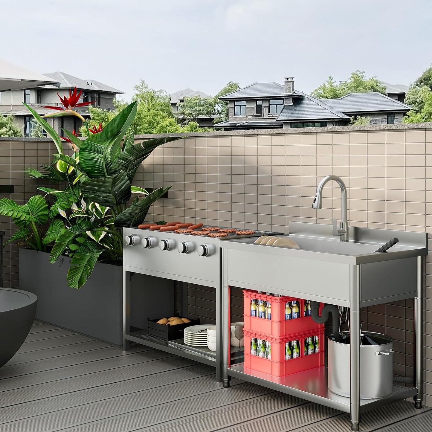 Stainless Steel Utility Sink, Large Freestanding Laundry Sink with Pull-out Faucet for Kitchen, Bathroom, Laundry Room, Garage, Outdoor/Indoor Use, Pet Cleaning, D21.65 x W35.43 x H36.61 inch