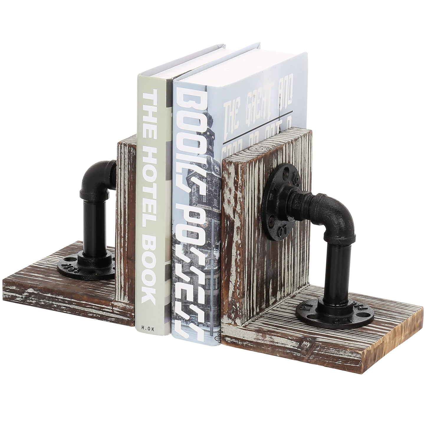 MyGift Book Ends,Bookends for Shelves,Metal Bookends for Heavy Books,Wood Decorative Book Stopper,with Realistic Industrial Pipe Design,Dark Brown Book End for Home Office