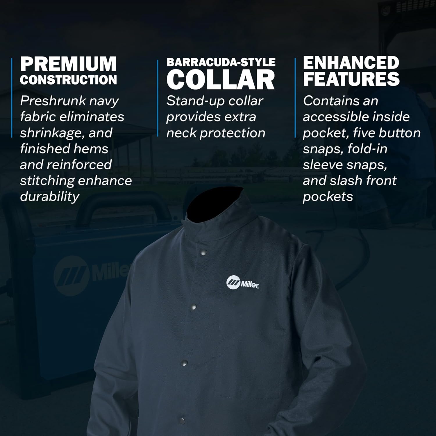 Miller Classic Cloth Jacket - 9oz Navy Cotton Welding Jacket XL - Everyday-Use Welder Jacket for Men & Women - Light-Duty Cloth Jackets for Welding - Flame Resistant Jackets (Navy Blue)