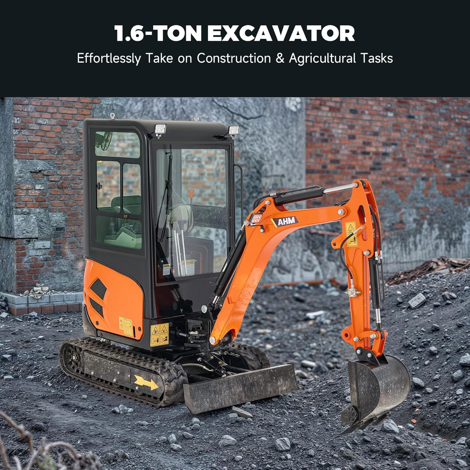 AHM 1.6 Ton Mini Excavator with Side Swing & Hydraulic Thumb Clip, Crawler Excavator with 23 hp EPA Engine & Pilot Control, Compact Trench Digger with Enclosed Cab for Garden Farm Construction