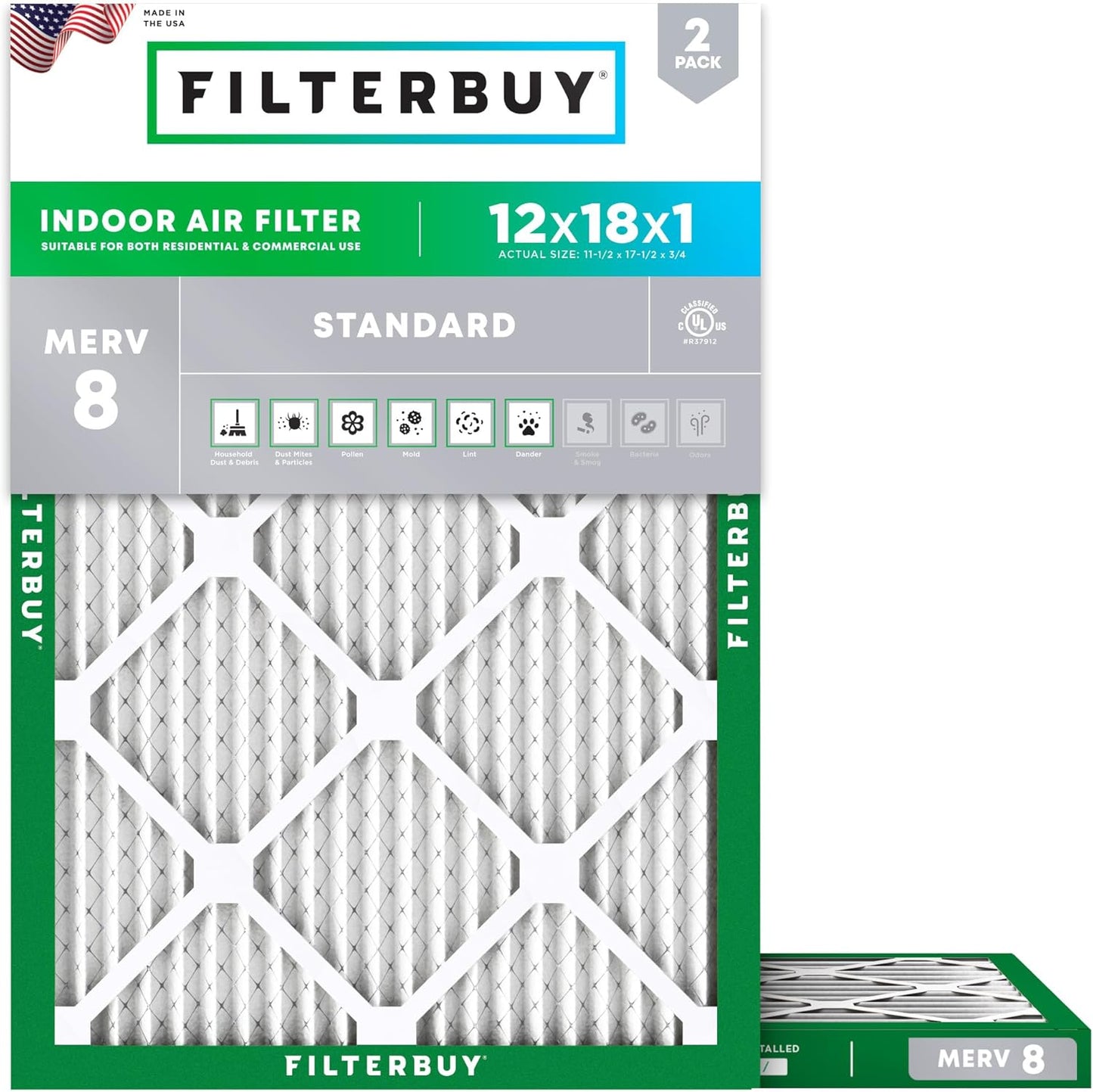 Filterbuy 12x18x1 Air Filter MERV 8 (MPR 700) Dust Defense Replacement (2-Pack), Electrostatic Pleated HVAC AC Furnace Filters, Made in USA (Actual Size: 11.50 x 17.50 x 0.75)