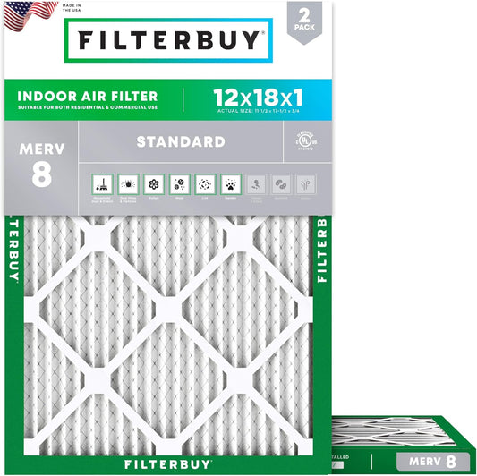Filterbuy 12x18x1 Air Filter MERV 8 (MPR 700) Dust Defense Replacement (2-Pack), Electrostatic Pleated HVAC AC Furnace Filters, Made in USA (Actual Size: 11.50 x 17.50 x 0.75)