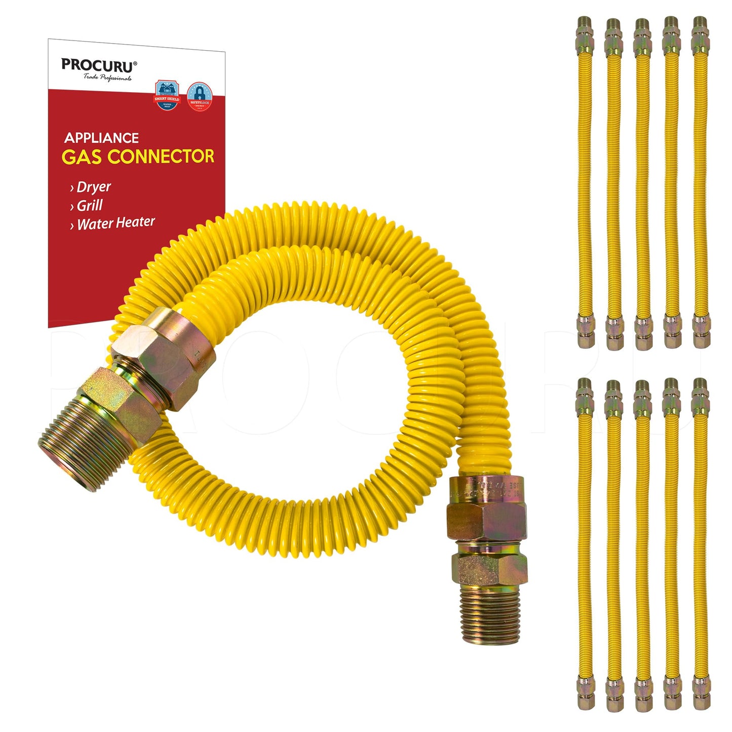 [10-Pack] PROCURU Wholesale 1/2" OD x 72" (6Ft) x 1/2"MIP x 1/2" Angle Valve, Flexible Gas Connector, Yellow-Coated Stainless Steel Tubing for Dryer, Grill, Water Heater (Red-6G1272-AV-10P)