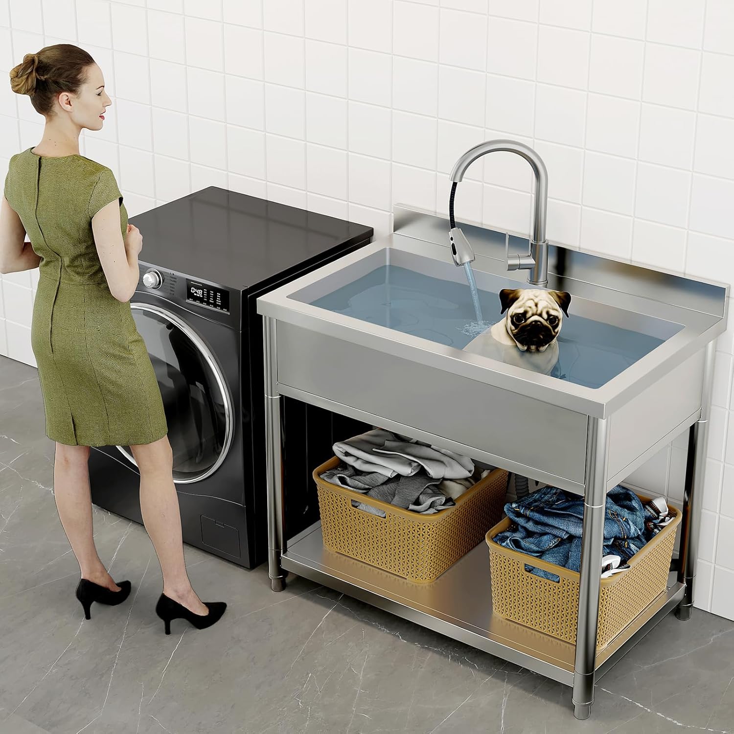 Stainless Steel Utility Sink, Large Freestanding Laundry Sink with Pull-out Faucet for Kitchen, Bathroom, Laundry Room, Garage, Outdoor/Indoor Use, Pet Cleaning, D21.65 x W35.43 x H36.61 inch