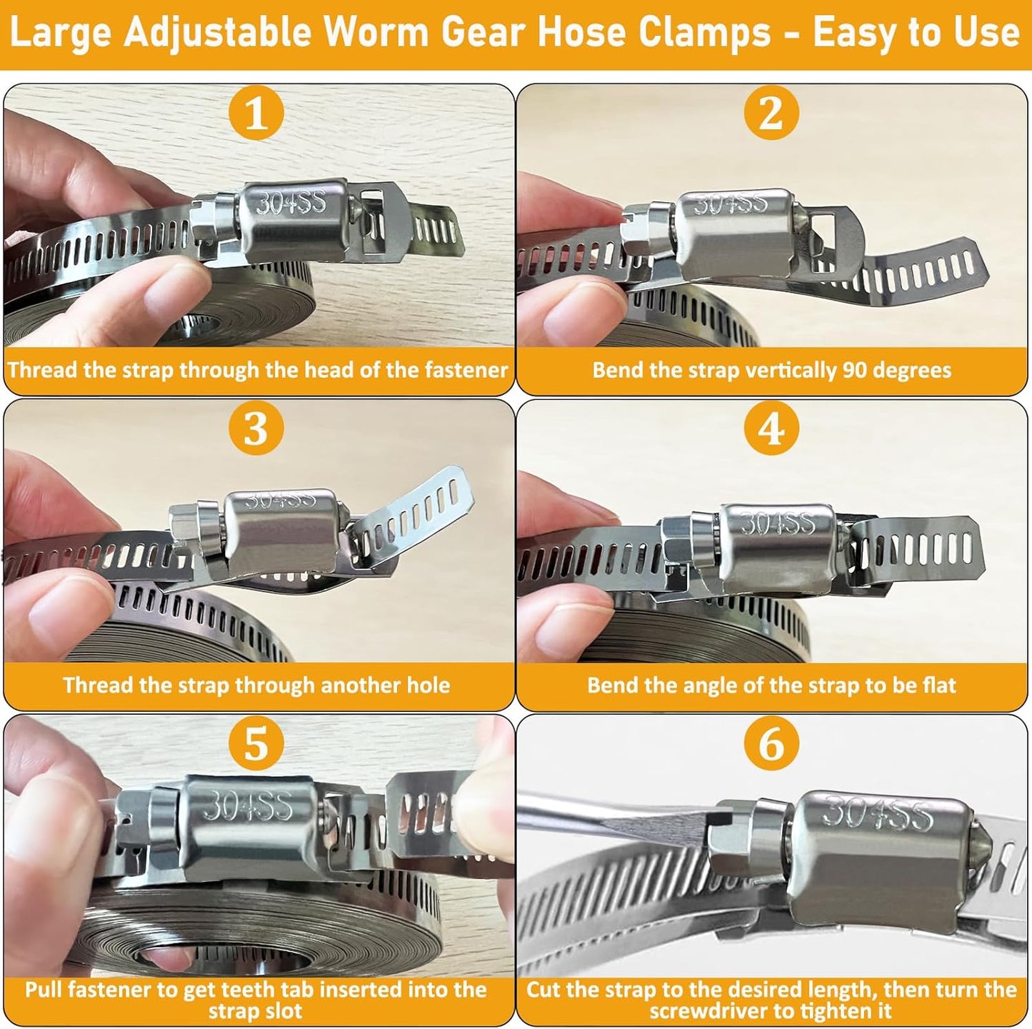 Hose Clamps Assortment Kit, Worm Gear Duct Pipe Hose, 304 Stainless Steel Band Fittings Strap, 32.81FT DIY Large Adjustable Metal Bolt with 20 Stronger Fasteners Screw for Plumbing Auto Tube Fuel Line