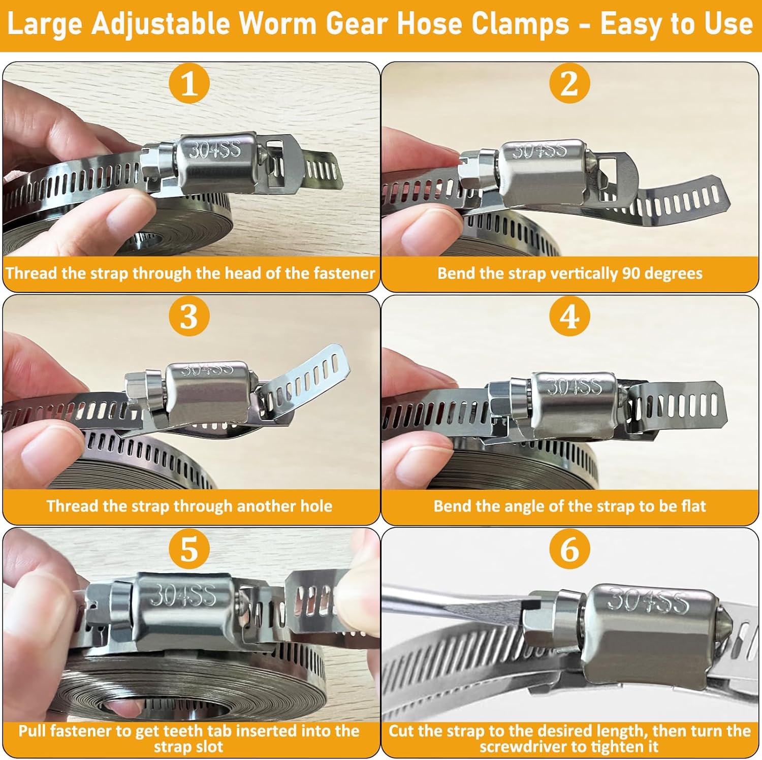Hose Clamps Assortment Kit, Worm Gear Duct Pipe Hose, 304 Stainless Steel Band Fittings Strap, 32.81FT DIY Large Adjustable Metal Bolt with 20 Stronger Fasteners Screw for Plumbing Auto Tube Fuel Line