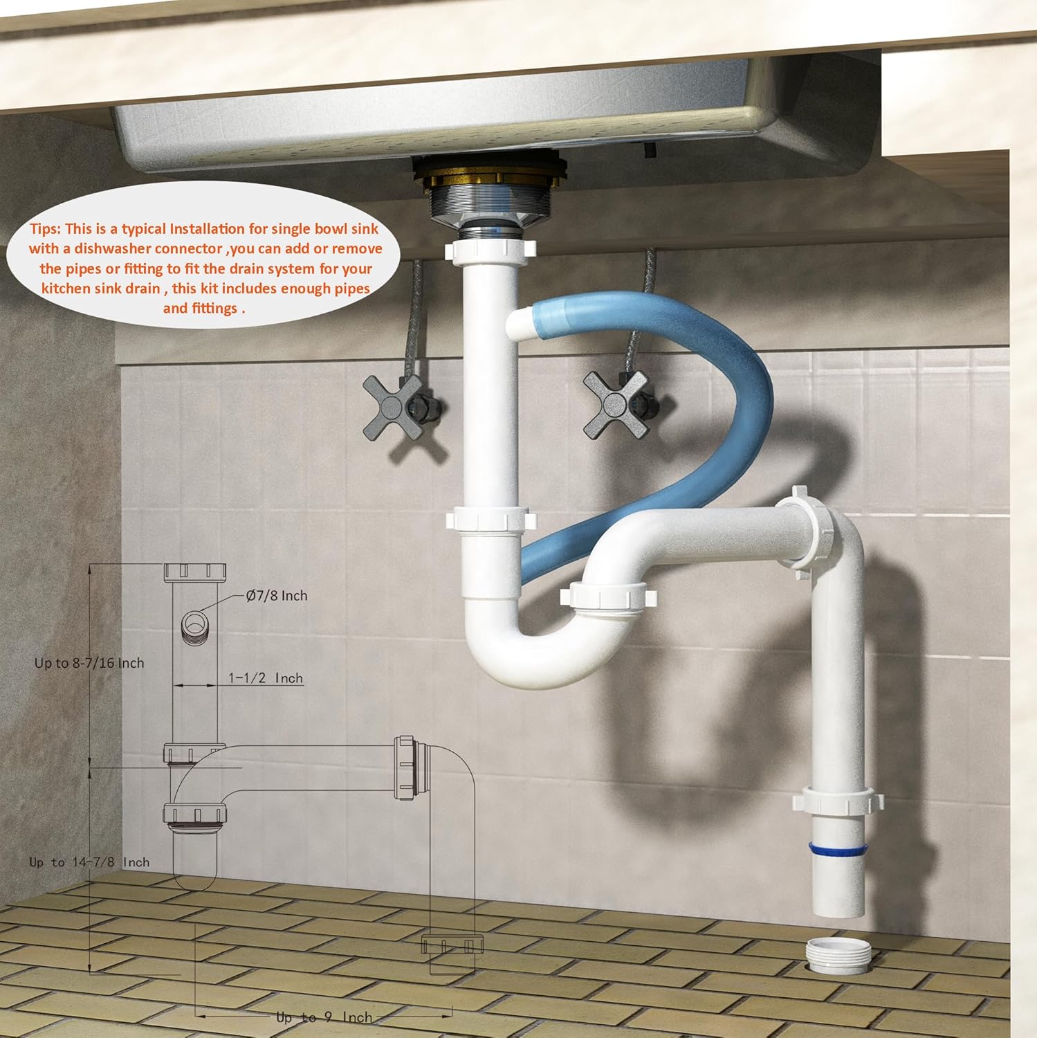 Kitchen Sink Drain Kit,1-1/2”,for Most Kitchen Sink Drain Repair Kit and Bathroom Sink Drain Kit, Kitchen Sink P Trap Drain Kit 1 1/2” for Sink Plumbing Kit, Completed Sink Pipe Replacement Kit