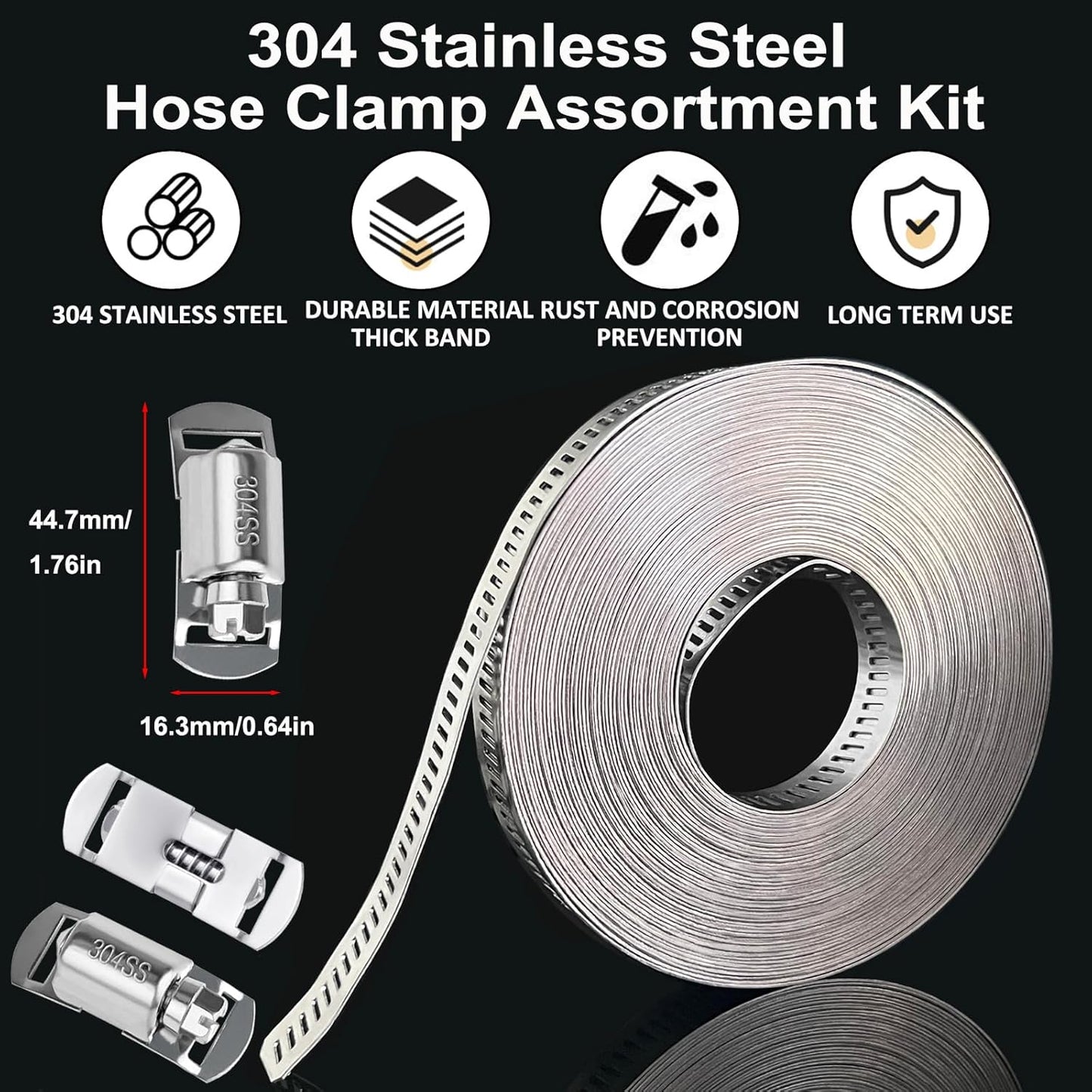 Hose Clamps Assortment Kit, Worm Gear Duct Pipe Hose, 304 Stainless Steel Band Fittings Strap, 32.81FT DIY Large Adjustable Metal Bolt with 20 Stronger Fasteners Screw for Plumbing Auto Tube Fuel Line