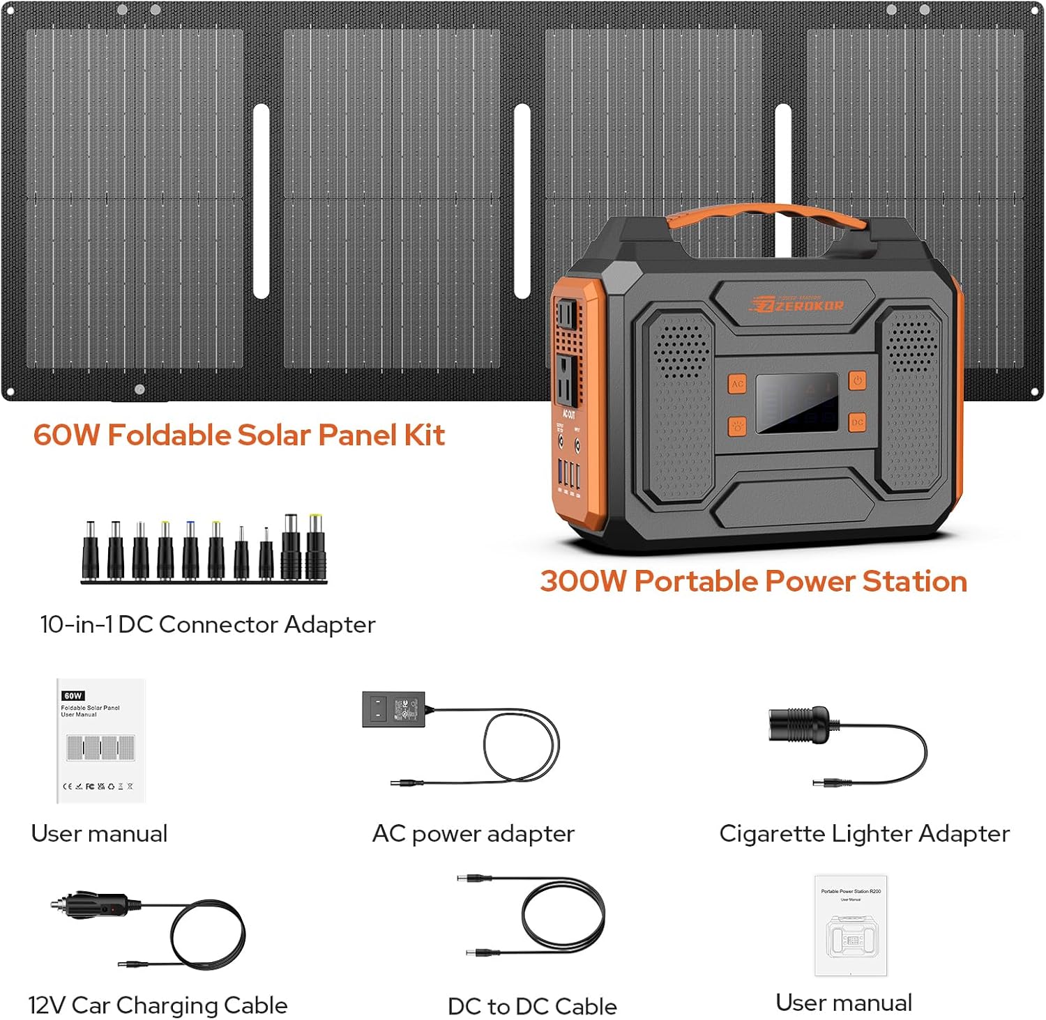 Portable Solar Generator, 300W Portable Power Station with Foldable 60W Solar Panel, 110V Pure Sine Wave 280Wh Lithium Battery Pack with USB DC AC Outlet for Home Use RV Van Outdoor Camping-Orange