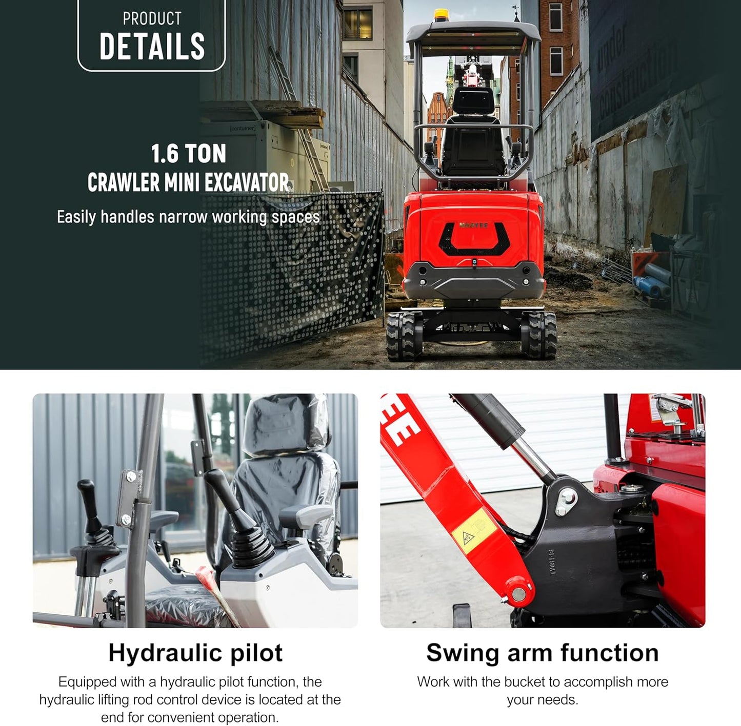 Upgraded Version HY16C 1.6T Mini Excavator, KubotaDiesel 14HP, w/Pilot Controls Side Swing Boom Includes Hydraulic Thumb & Semi-Auto Quick Coupler, Includes delivery & unloading services