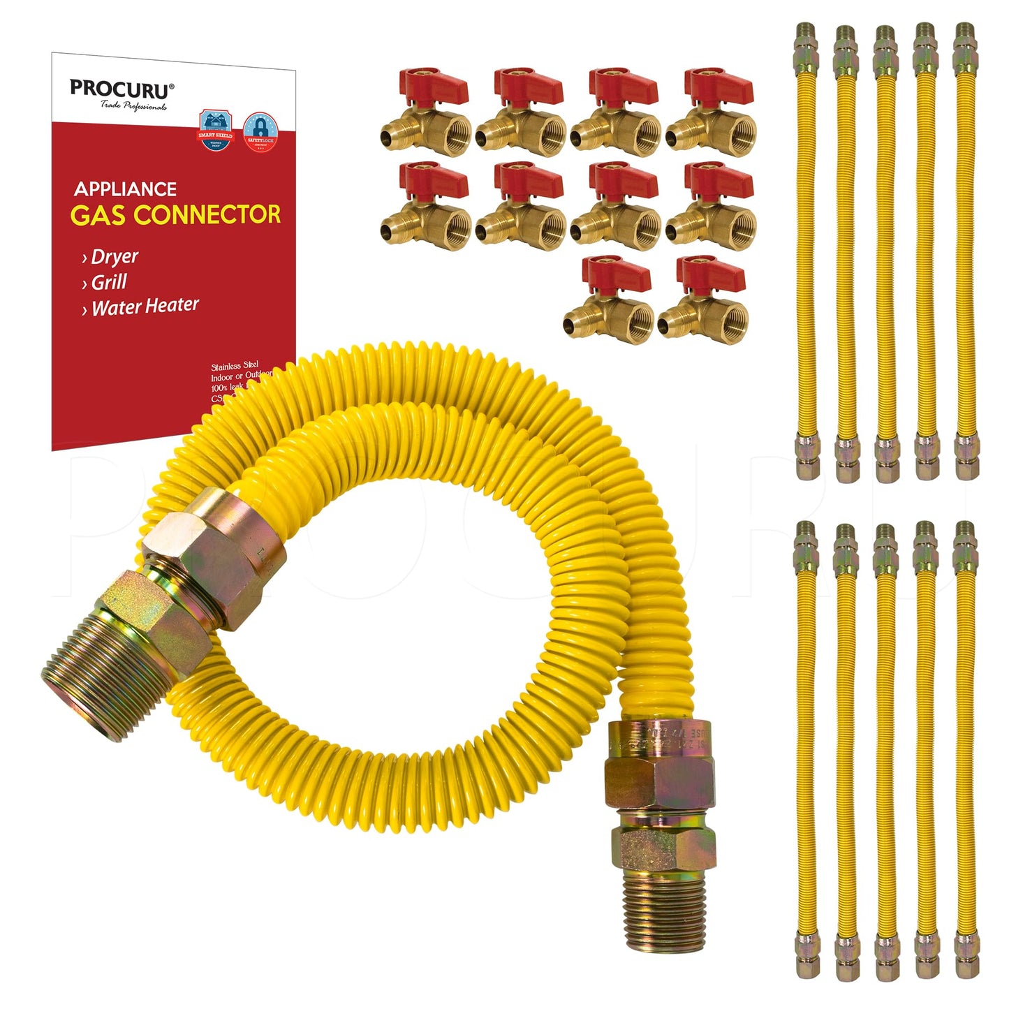 [10-Pack] PROCURU Wholesale 1/2" OD x 72" (6Ft) x 1/2"MIP x 1/2" Angle Valve, Flexible Gas Connector, Yellow-Coated Stainless Steel Tubing for Dryer, Grill, Water Heater (Red-6G1272-AV-10P)