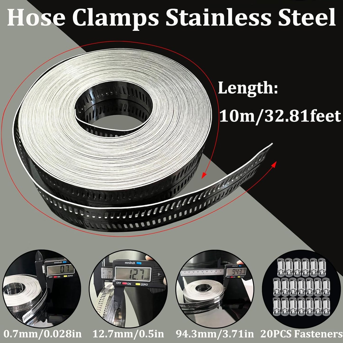 Hose Clamps Assortment Kit, Worm Gear Duct Pipe Hose, 304 Stainless Steel Band Fittings Strap, 32.81FT DIY Large Adjustable Metal Bolt with 20 Stronger Fasteners Screw for Plumbing Auto Tube Fuel Line