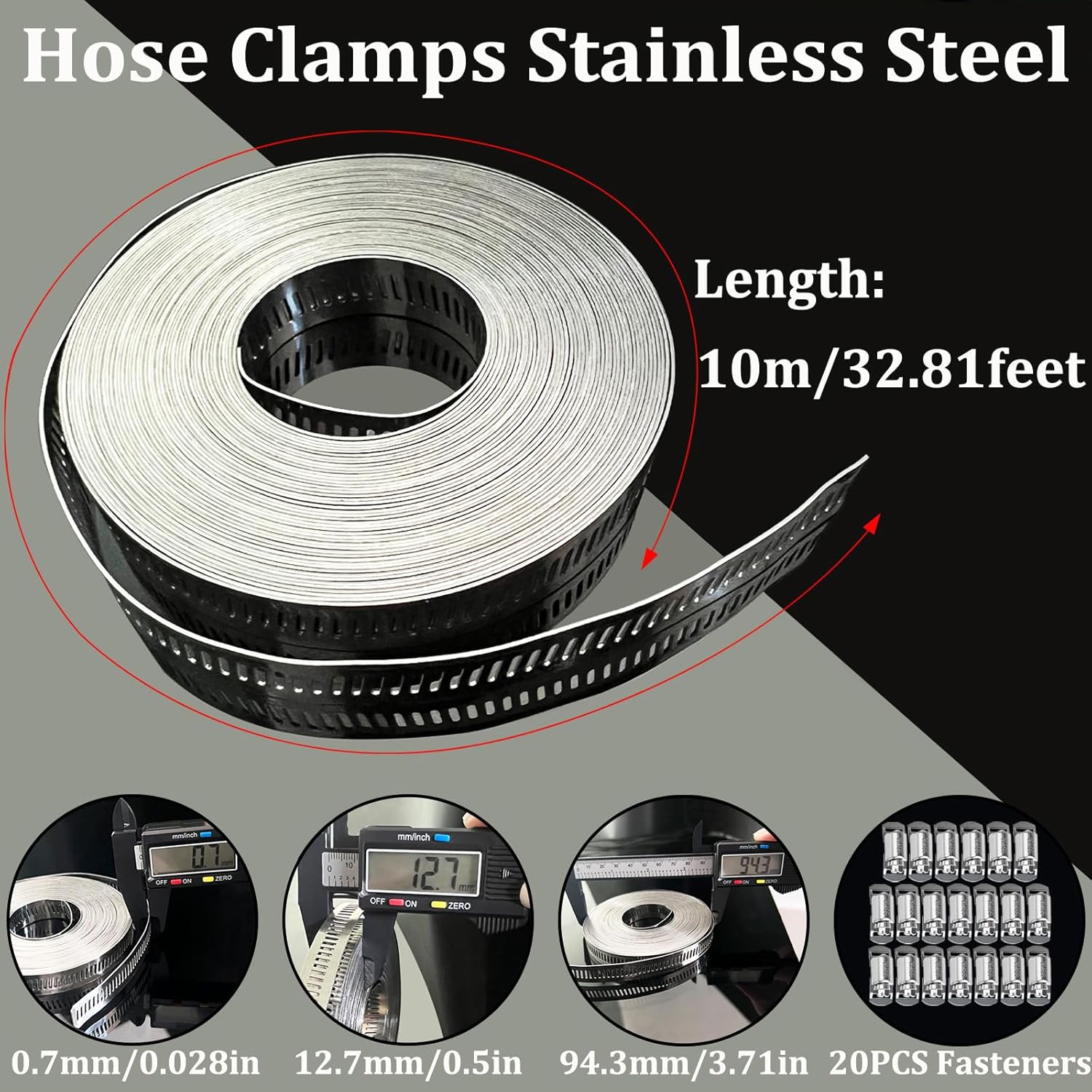 Hose Clamps Assortment Kit, Worm Gear Duct Pipe Hose, 304 Stainless Steel Band Fittings Strap, 32.81FT DIY Large Adjustable Metal Bolt with 20 Stronger Fasteners Screw for Plumbing Auto Tube Fuel Line