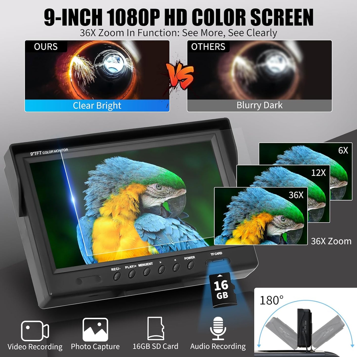 Sewer Camera 98.4FT, 9" 1080P Color LCD with DVR, Drain Plumbing Camera with Waterproof IP68 23MM Stainless-Steel Probe, 12 LEDs, 16GB Card & Aluminum Carry Case – for Pipe & HVAC Inspection