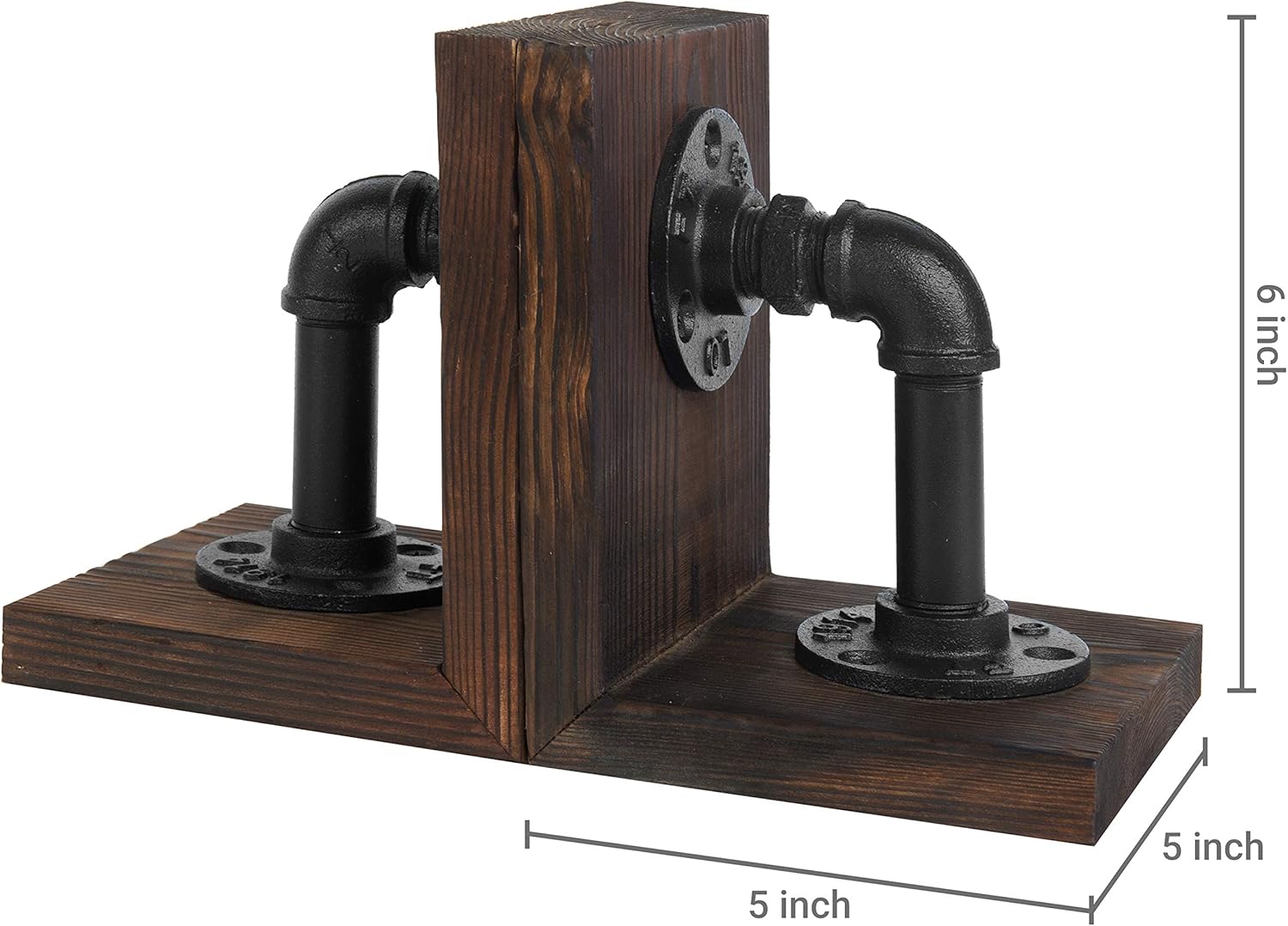 MyGift Book Ends,Bookends for Shelves,Metal Bookends for Heavy Books,Wood Decorative Book Stopper,with Realistic Industrial Pipe Design,Dark Brown Book End for Home Office