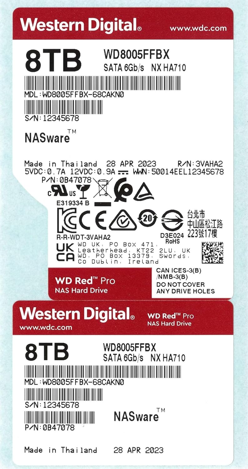 Western Digital 8TB WD Red Pro NAS Internal Hard Drive HDD - 7200 RPM, SATA 6 Gb/s, CMR, 256 MB Cache, 3.5" - WD8005FFBX