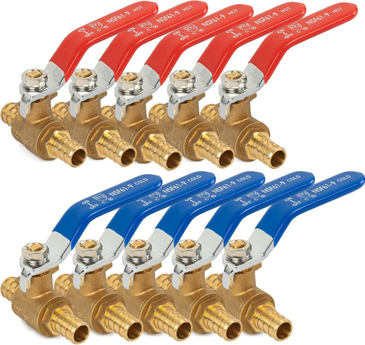 Hourleey 10 Pieces 1/2 Inch Pex Brass Full Port Shut Off Ball Valve HOT AND COLD, Quarter Turn HOT (RED) COLD (BLUE) of Brass Water Stop Shutt off