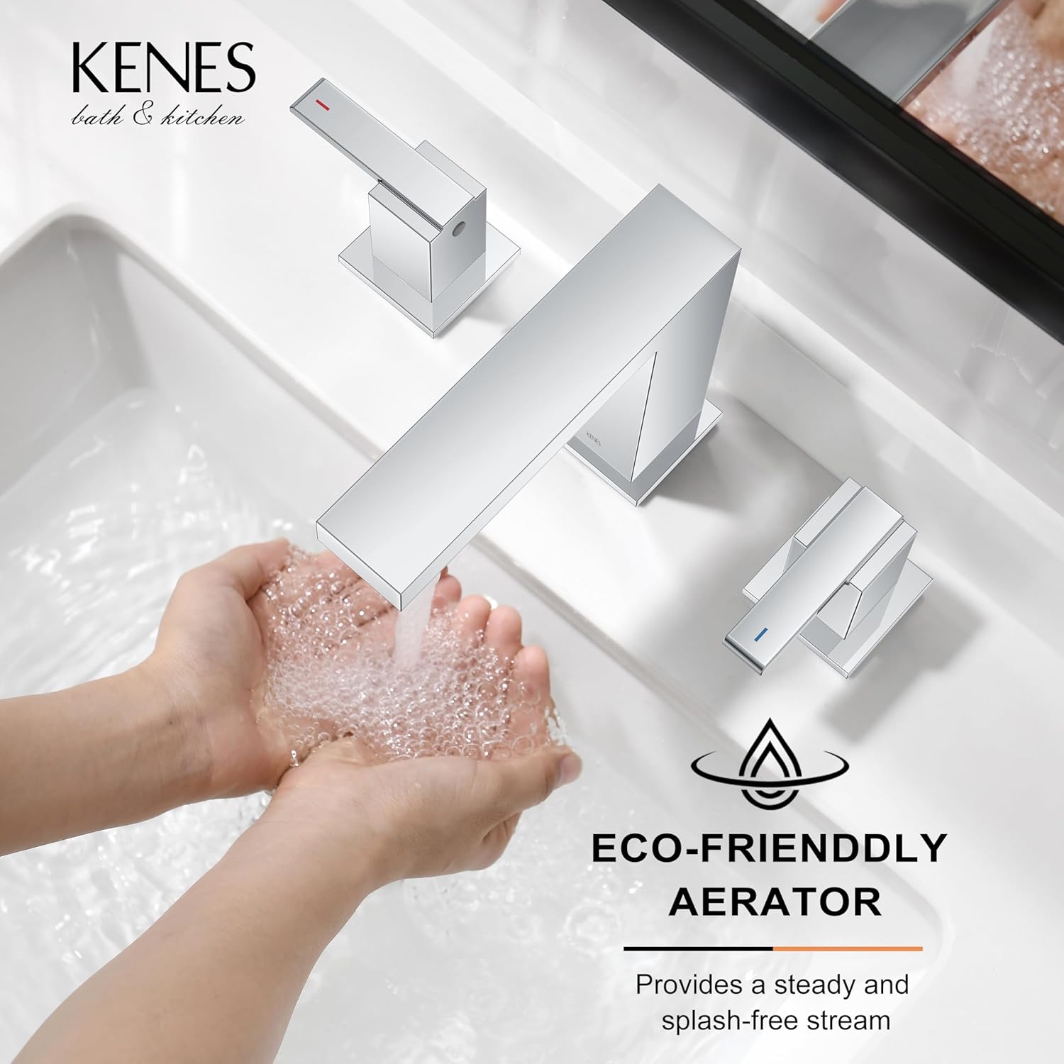 KENES Polished Chrome Widespread Bathroom Faucet 2 Handle Bathroom Sink Faucet 3 Hole, 8-Inch 3 Pieces Vanity Faucet with Pop Up Drain & Supply Lines, KE-9050-5-P