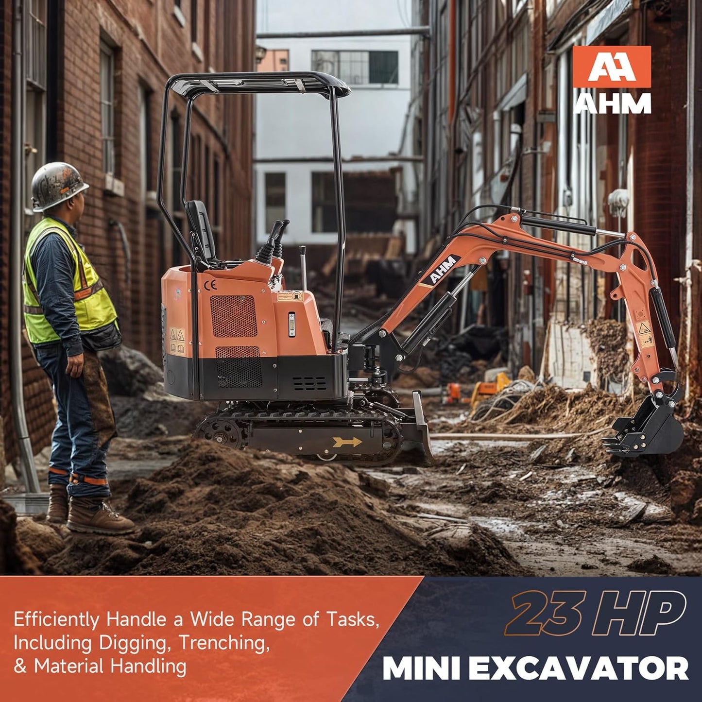 AHM 23hp Mini Excavator with Hydraulic Thumb Rake Grapple Quick Hitch, 1 Ton Crawler Excavator with Swing Boom & All-Terrain Tracks, Trench Digger for Garden Farm Construction Site Trenching Digging