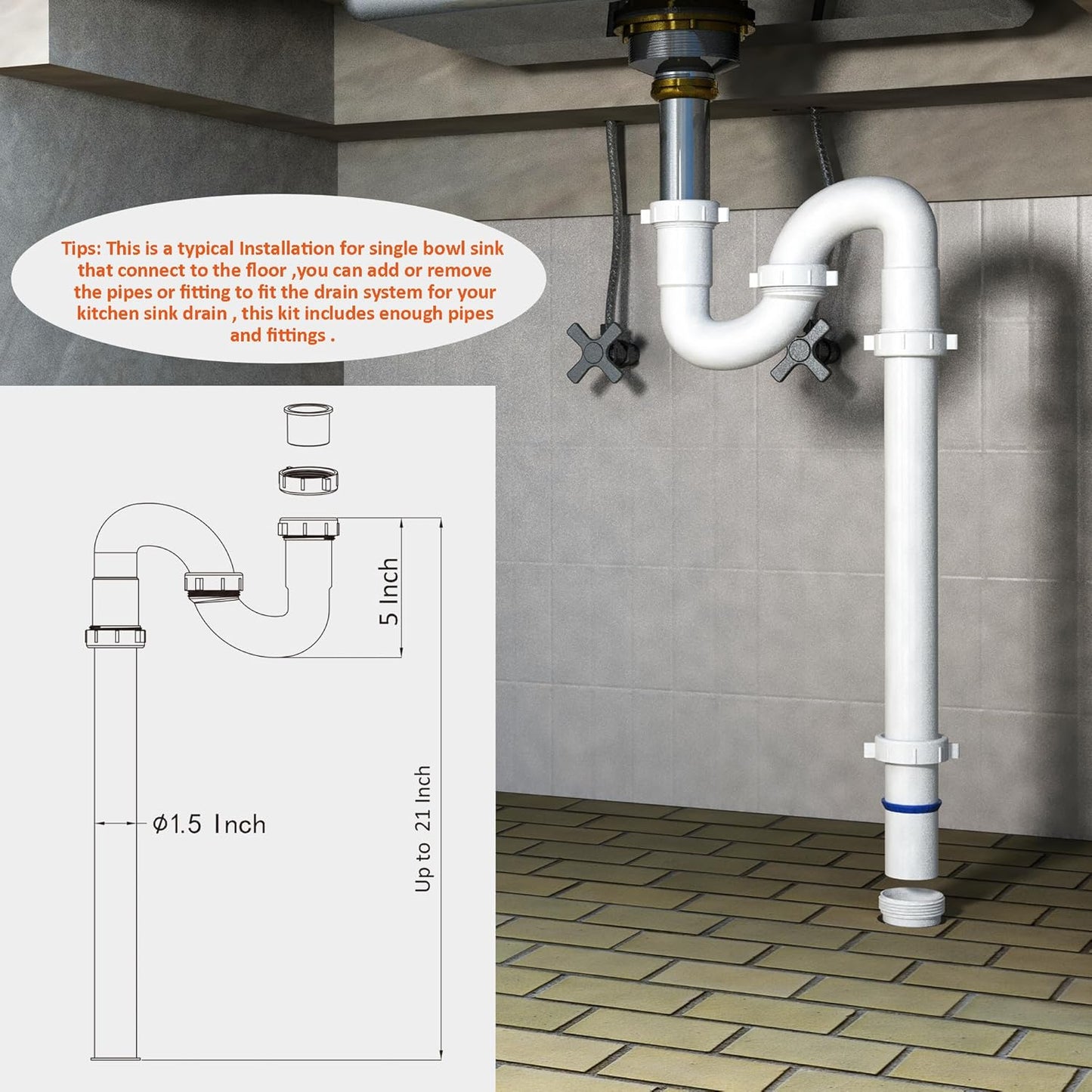Kitchen Sink Drain Kit,1-1/2”,for Most Kitchen Sink Drain Repair Kit and Bathroom Sink Drain Kit, Kitchen Sink P Trap Drain Kit 1 1/2” for Sink Plumbing Kit, Completed Sink Pipe Replacement Kit