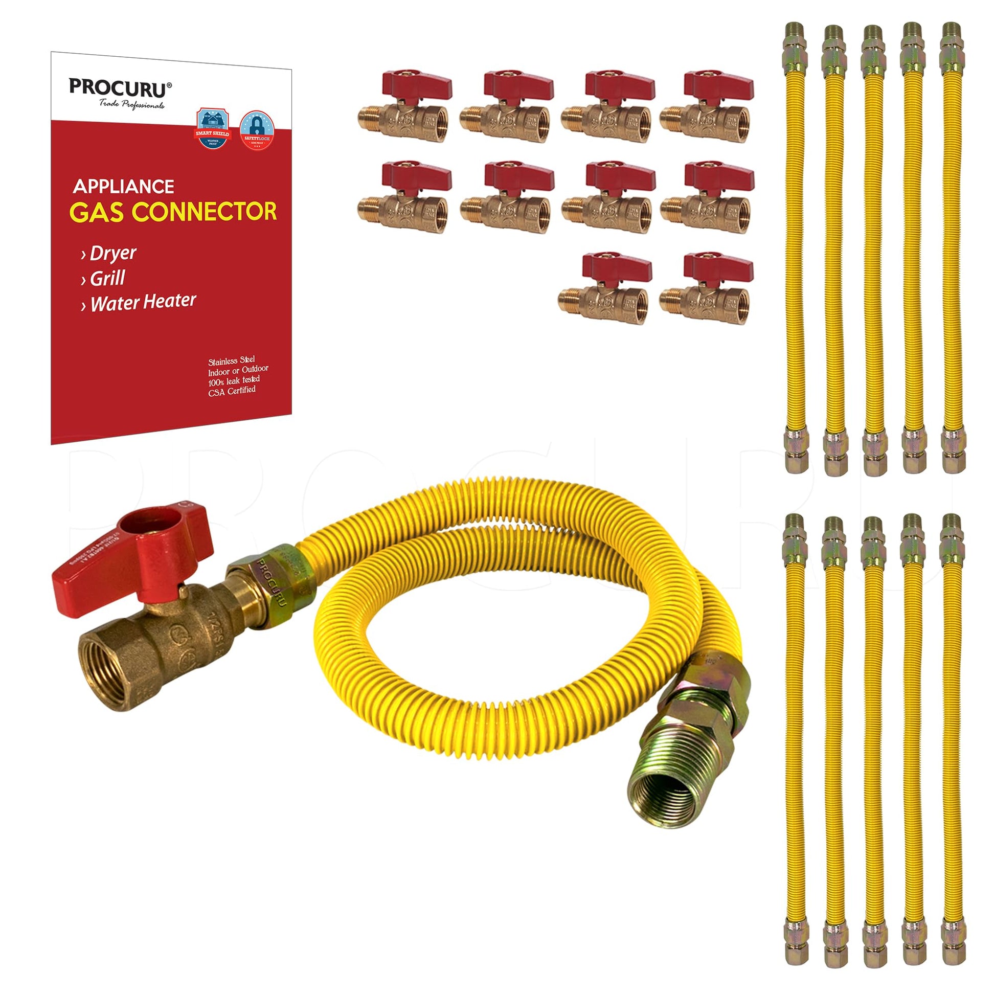 [10-Pack] PROCURU Wholesale 1/2" OD x 72" (6Ft) x 1/2"MIP x 1/2" Angle Valve, Flexible Gas Connector, Yellow-Coated Stainless Steel Tubing for Dryer, Grill, Water Heater (Red-6G1272-AV-10P)