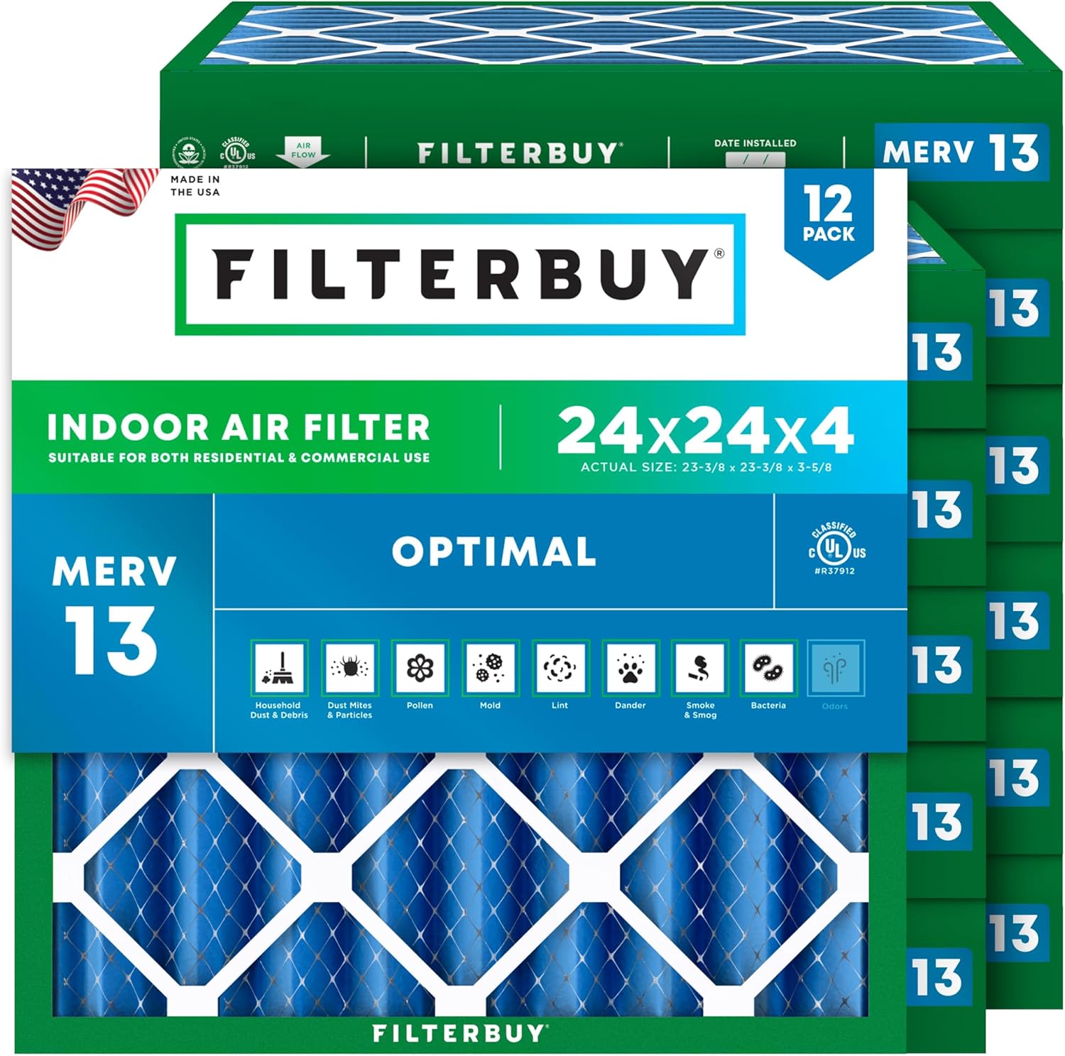 Filterbuy 24x24x4 Air Filter MERV 13 (MPR 1900) Health Defense Replacement (12-Pack), Electrostatic Pleated HVAC AC Furnace Filters, Made in USA (Actual Size: 23.38 x 23.38 x 3.63)