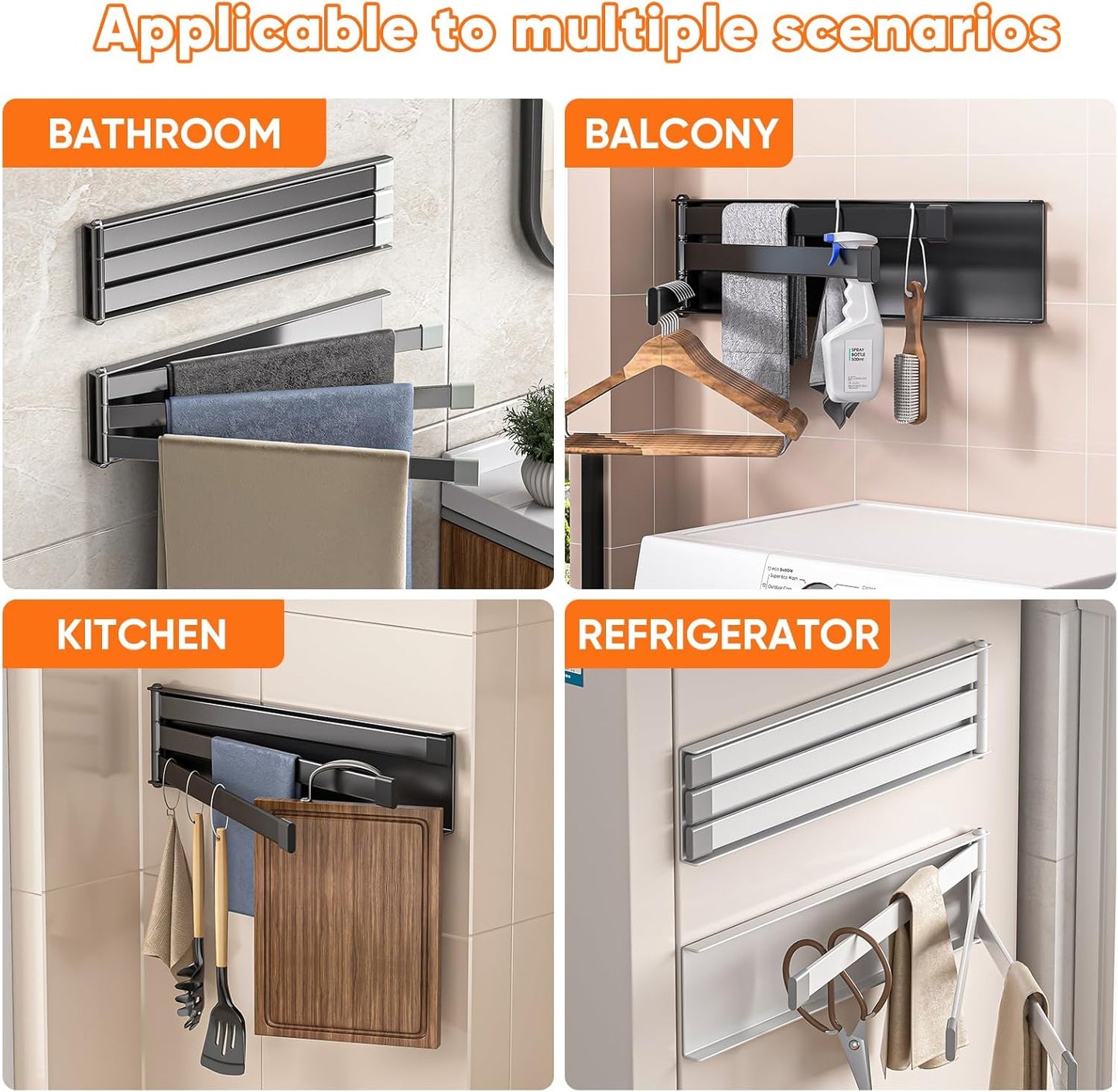 OWOFAN Swivel Towel Bars 3-Arm Towel Rack Swing Out Towel Holder for Bathroom Kitchen Toilet Wall Mount Drying Towel Bars for Laundry Matte Black