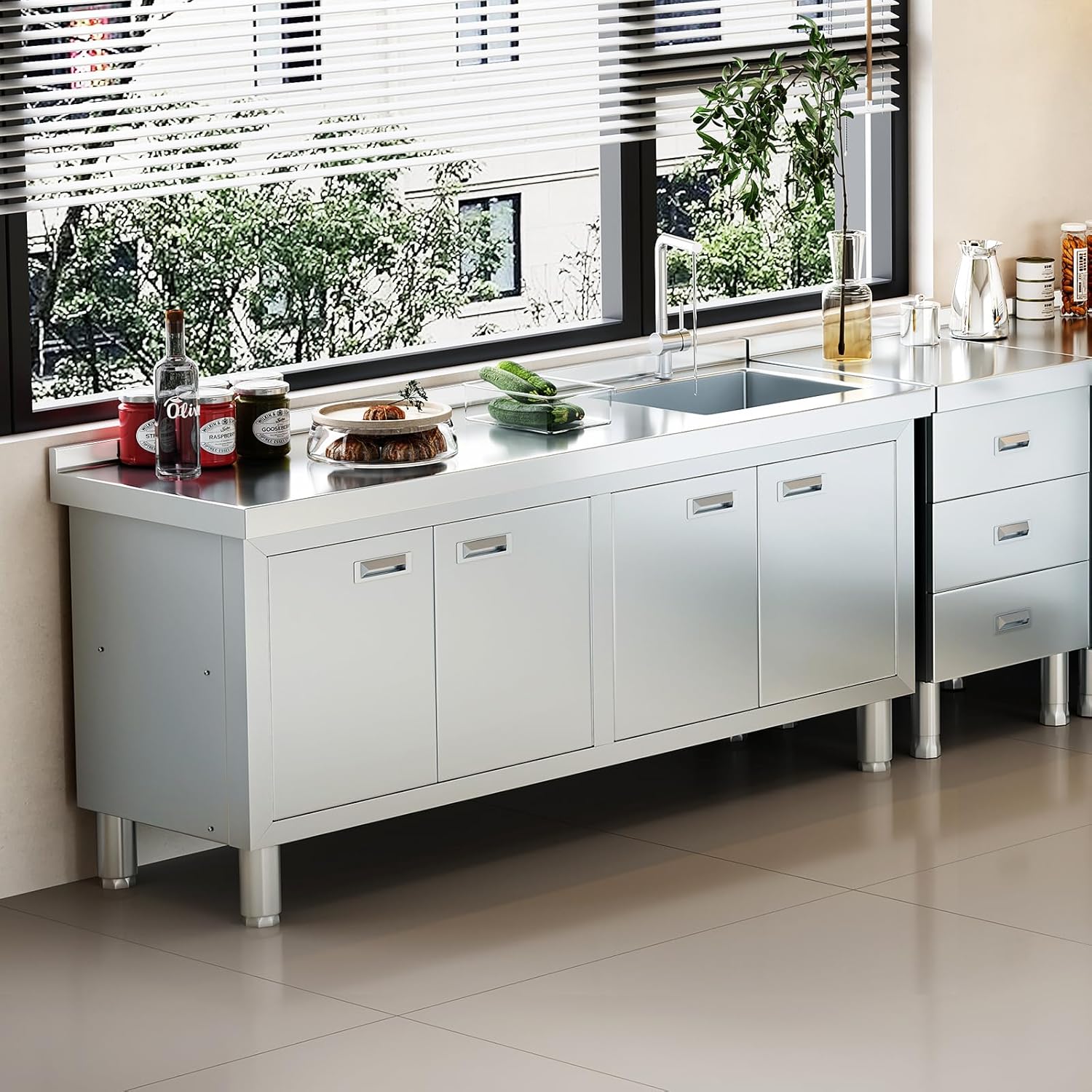 WWK 59" x 21" Stainless Steel Sink with Cabinet, Freestanding Utility Sink Laundry Sink, Heavy Duty Commercial Kitchen Sink for Outdoor, Restaurant, Hotel, Cafe, and Garage, 21D x 59W x 35H inches